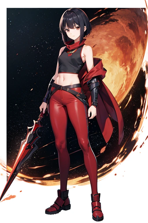 Anime drawings、Full body portrait、Red armored warrior from space science fiction、A woman around 16 years old, about 150cm tall, wearing a red tank top and hakama, standing upright with a long spear in her hand、A strong expression with the mouth closed、Very short hairstyle、Black Hair、Dark Eyes、Red leggings、Wearing a red bandana on his head、Flat chest