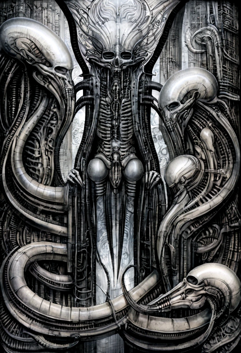 g1g3r, Biomechanical Tableau in Gigeresque Style. The image is a detailed view of H.R. Giger's \" biomechanical Landscape \" plateThis piece is likely created using pen and ink wash. The fine lines used to outline the foreground figure and the textures on the floor are consistent with pen and ink work. The background shows areas of flat tone and shading, which could have been achieved using a wash of ink or watercolor. The artwork leans heavily on dark surrealism. h r giger's artwork is a detailed, abstract drawing of numerous bones and muscles. The artwork is in eldritch colors muted, with a dominant grayish-blue hue, with the bones depicted in grey and the muscles in white. The lines appear to be made of flesh, creating a sense of movement and organic growth. There are many interwoven tubes and strange shapes, including a skull with a snake for a jaw. The drawing is filled with intricate details, including the sinews and tendons, giving the impression of a complex network of interconnected parts., ooze soaked pajama top