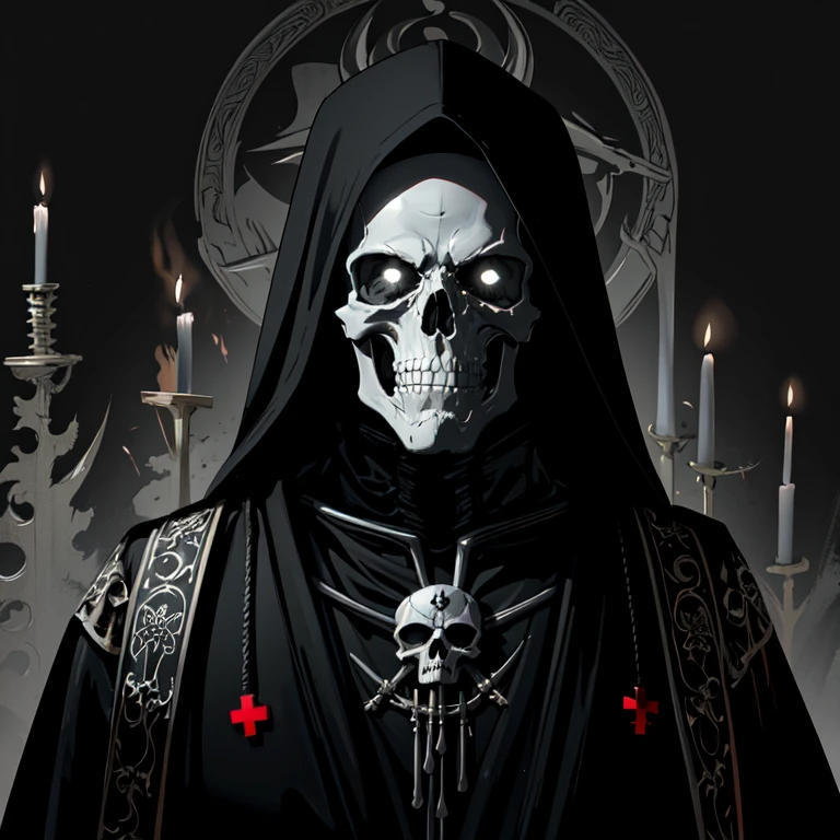 arafed image of a skeleton dressed in a black robe and a red cross, beautiful male god of death, dark but detailed digital art, reaper from overwatch, evil death, d & d lich, portrait of the god of death, hooded skull, grim reaper, he-man with a dark manner, portrait of a god of death, portrait of grim reaper