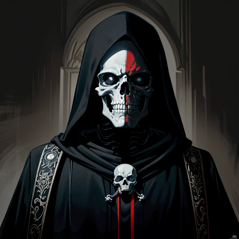 arafed image of a skeleton dressed in a black robe and a red cross, beautiful male god of death, dark but detailed digital art, reaper from overwatch, evil death, d & d lich, portrait of the god of death, hooded skull, grim reaper, he-man with a dark manner, portrait of a god of death, portrait of grim reaper