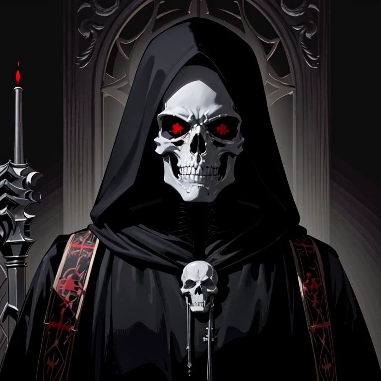 arafed image of a skeleton dressed in a black robe and a red cross, beautiful male god of death, dark but detailed digital art, reaper from overwatch, evil death, d & d lich, portrait of the god of death, hooded skull, grim reaper, he-man with a dark manner, portrait of a god of death, portrait of grim reaper