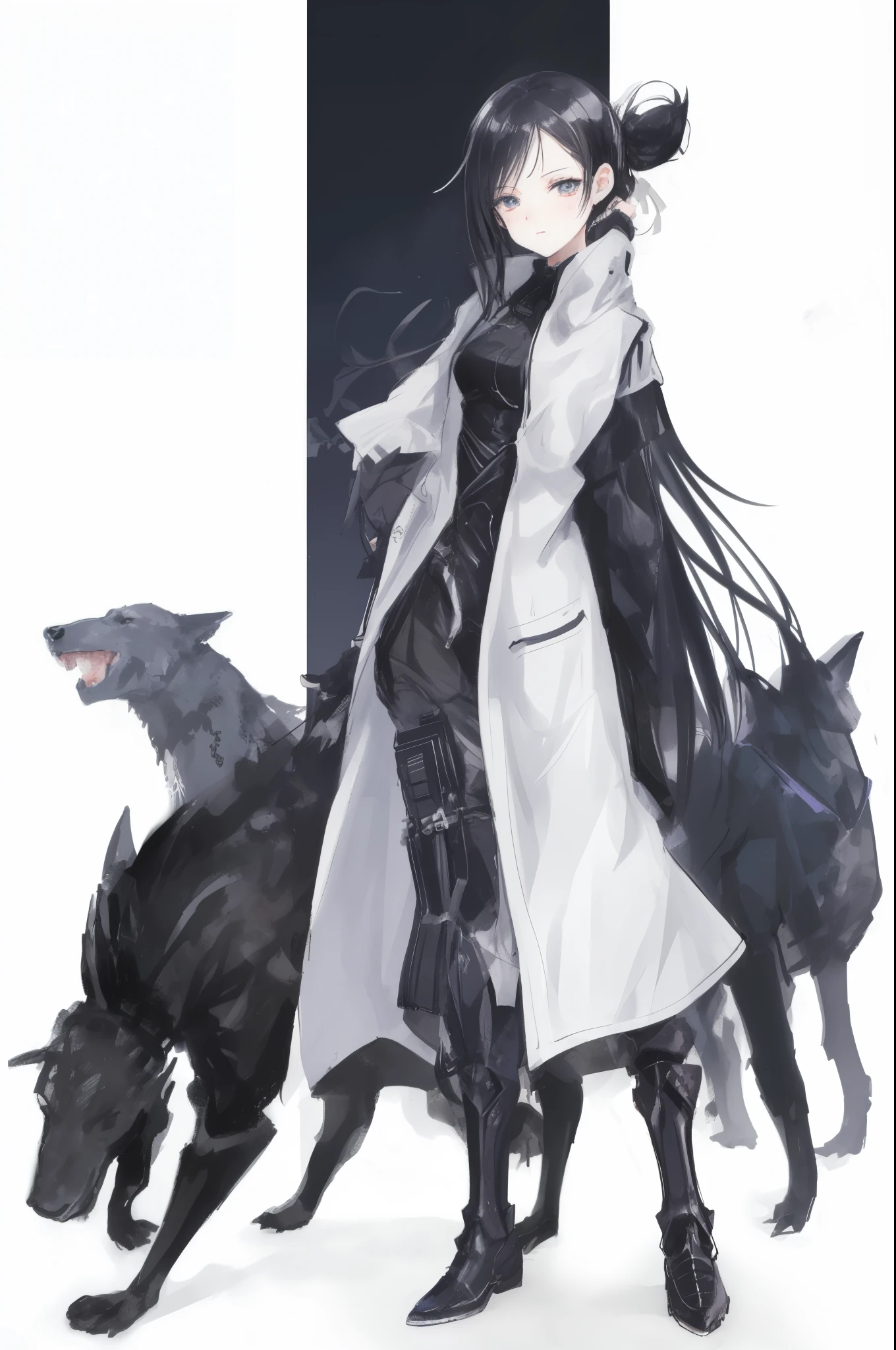 (ponytail forehead hair pulled back:1.3) (black hair:1.3), a woman in a white coat and black boots standing next to a dog, from arknights, by Jin Homura, official character art, female anthropomorphic wolf, good boy giant mecha wolf hound, arknights, modern sci-fi anime, sci fi anime, best anime character design, medical mecha canine, sci-fi anime