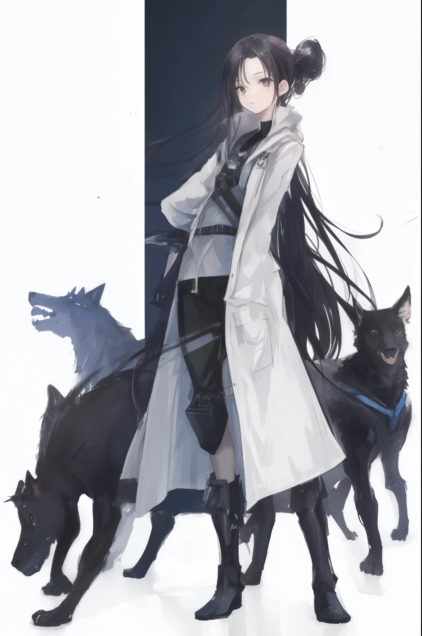 (ponytail forehead hair pulled back:1.3) (black hair:1.3), a woman in a white coat and black boots standing next to a dog, from arknights, by Jin Homura, official character art, female anthropomorphic wolf, good boy giant mecha wolf hound, arknights, modern sci-fi anime, sci fi anime, best anime character design, medical mecha canine, sci-fi anime