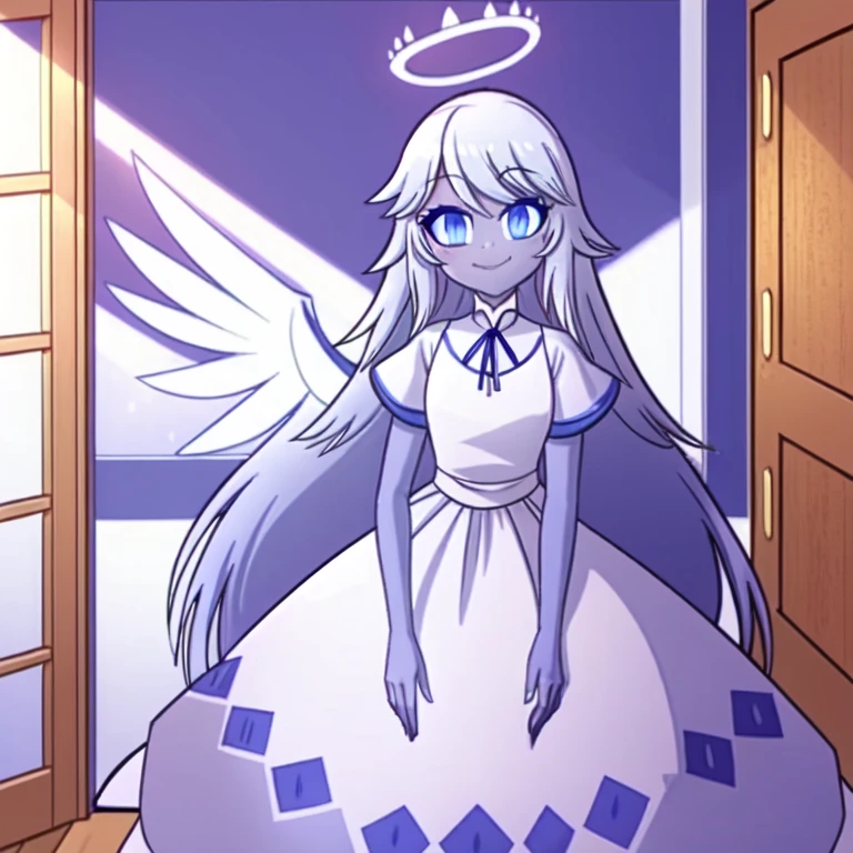 (bedroom:1.1, blue bed,  wooden shelves, wooden window to outside), looking at viewer, a girl, angel, angel wings, blue eyes, colored skin, Emily, grey skin:1.2, halo, light blue sclera, long hair, closed mouth, , smile, very long hair, white dress, white hair,  