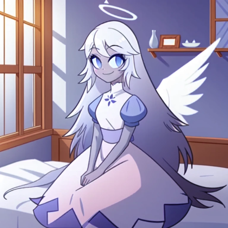 (bedroom:1.1, blue bed,  wooden shelves, wooden window to outside), looking at viewer, a girl, angel, angel wings, blue eyes, colored skin, Emily, grey skin:1.2, halo, light blue sclera, long hair, closed mouth, , smile, very long hair, white dress, white hair,  