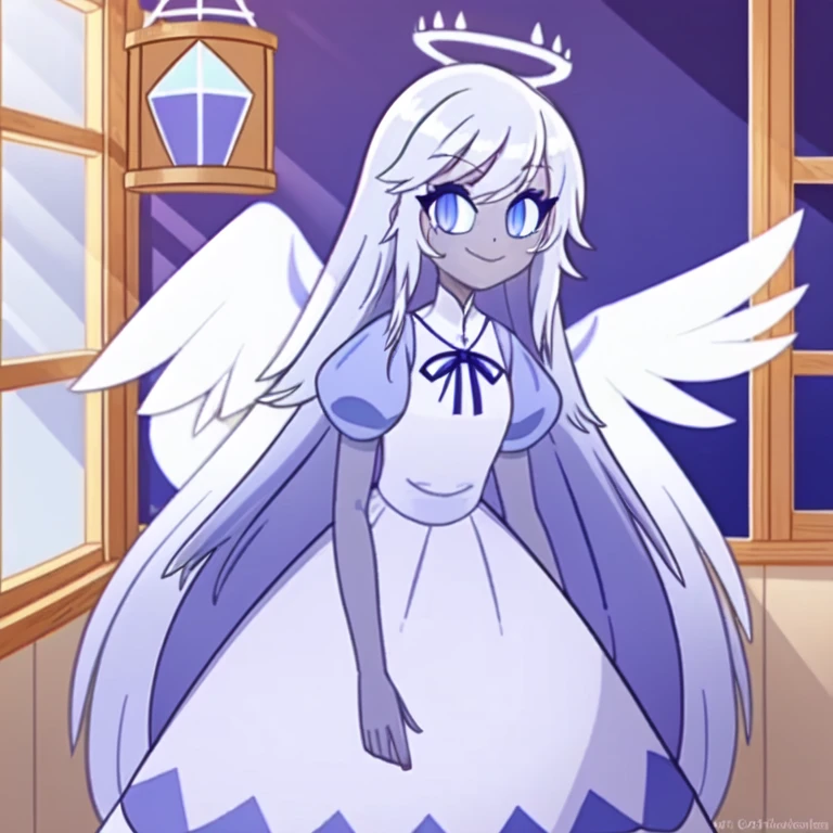 (bedroom:1.1, blue bed,  wooden shelves, wooden window to outside), looking at viewer, a girl, angel, angel wings, blue eyes, colored skin, Emily, grey skin:1.2, halo, light blue sclera, long hair, closed mouth, , smile, very long hair, white dress, white hair,  