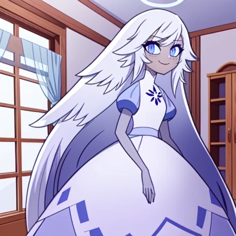 (bedroom:1.1, blue bed,  wooden shelves, wooden window to outside), looking at viewer, a girl, angel, angel wings, blue eyes, colored skin, Emily, grey skin:1.2, halo, light blue sclera, long hair, closed mouth, , smile, very long hair, white dress, white hair,  