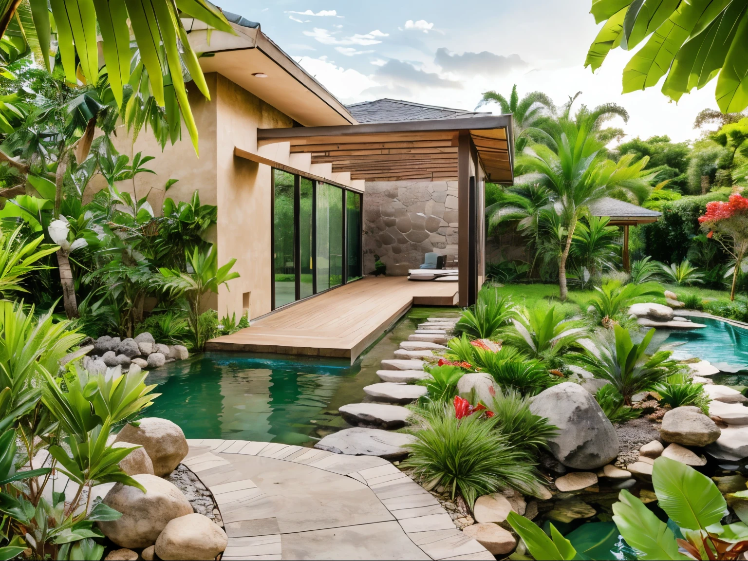 (a large and modern house), seen from the front, (a background with a beautiful tropical jungle), (no neighbors, a large yard), (a natural pool with large stones),(high detail: 1.2),8k uhd,dslr,light soft, high quality, film grain, Fujifilm XT3