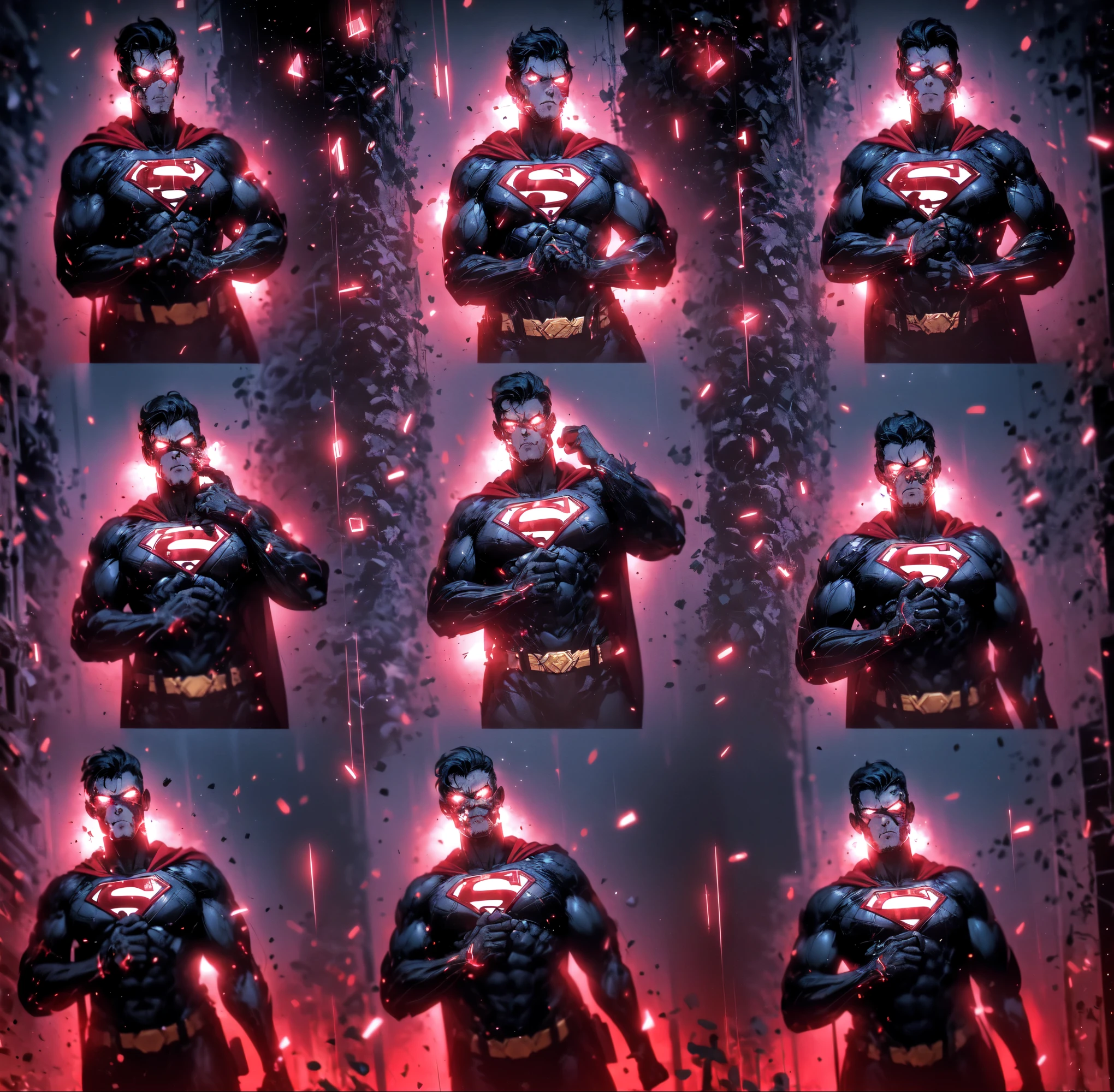 Dark portrait of DC's Zombie Cyborg Superman, extremely detailed, futuristic cityscape, night, glowing neon lights, smoke billowing, Sparks, Metal shavings, flying debris, blue energy effects, volumetric light