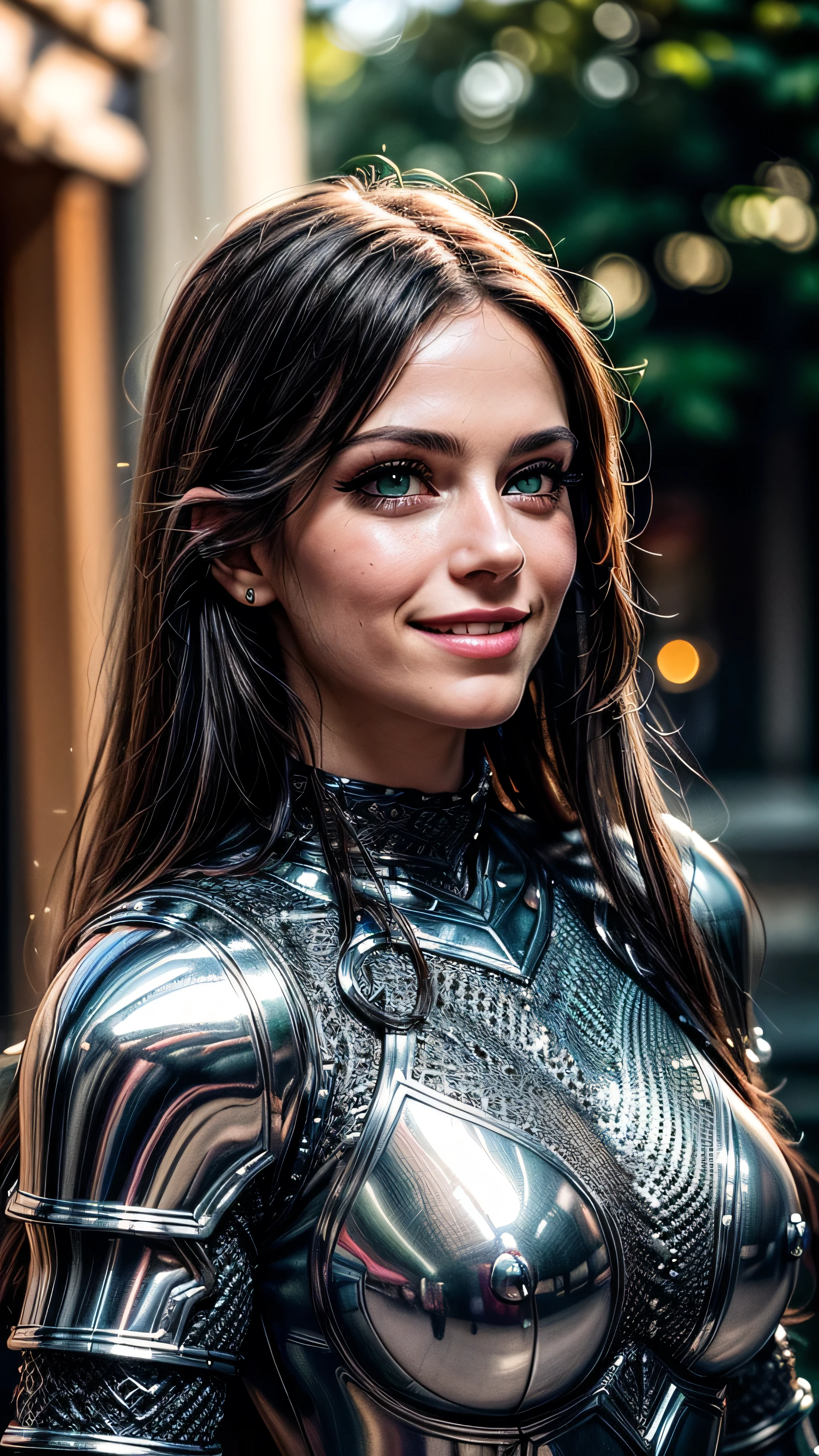 (masterpiece, photorealistic:1.4, extremely intricate:1.3), (photon mapping, radiosity, physically based rendering, ultra resolution, hyper-realistic, photorealistic:1.4, hyper-realistic, 8K), portrait of a muscular girl, ((Sumptuous armor from the late Renaissance, black chrome perfectchainmail armor:0.8, (long eyelashes), clear green eyes, humid, humid, smiling)), metal reflections, upper body, portrait, outdoors, intense sunlight, far away castle, professional photograph of a stunning woman, (long straight black hair, blowing, dynamic pose), sharp focus, dramatic, award winning, cinematic lighting, (film grain, bokeh, interaction, sunrise)