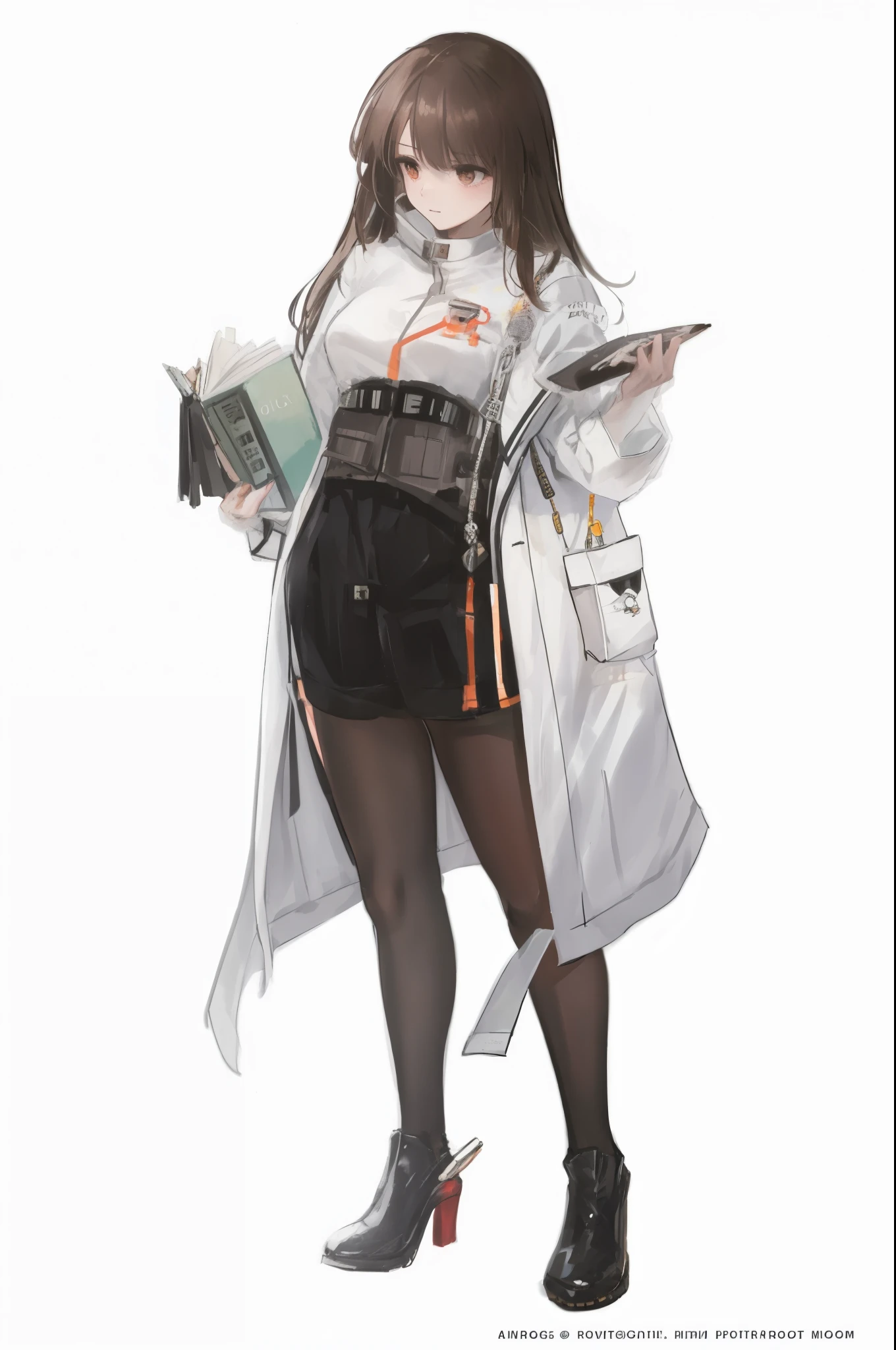 (hair swept bangs:1.3) (brown hair:1.3), a woman in a white coat holding a green bottle and a book, from girls frontline, fine details. girls frontline, gordon freeman as a woman, anya from spy x family, girls frontline universe, girls frontline style, makoto shinka, professor clothes, girls frontline, girls frontline cg, yayoi kasuma, with a lab coat, female protagonist 👀 :8