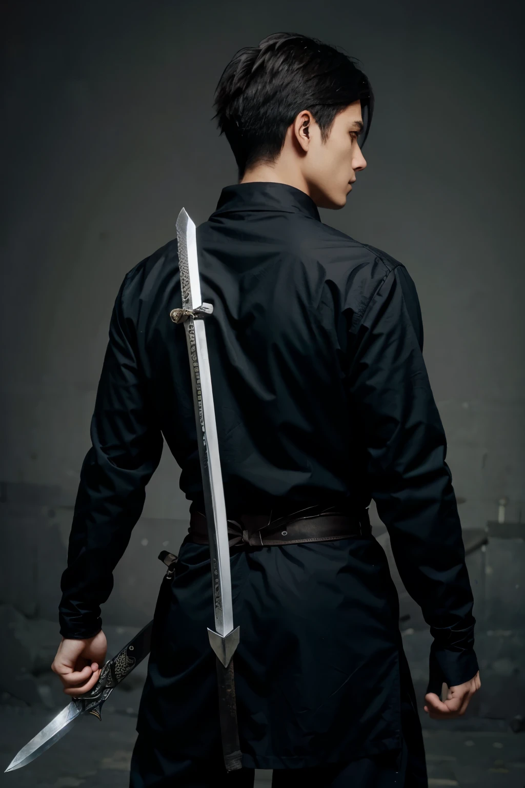 anime ninja holding sword and has a back item related to ninja