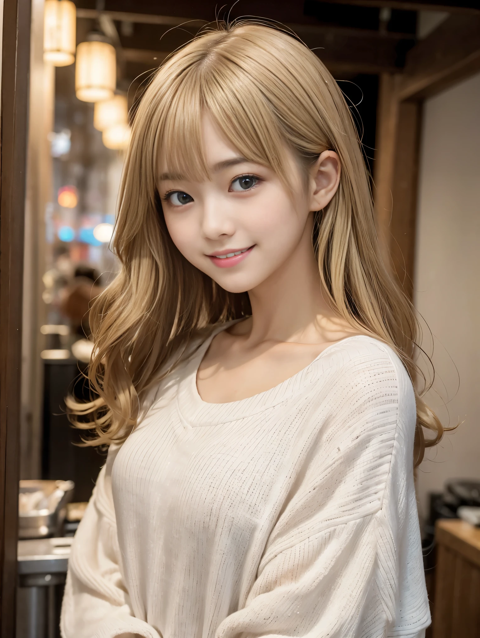 Studio Light, Written boundary depth, Upper Body, thin, cute顔, smile, Beautiful details in the eyes, 19 year old Japanese, cute, Voluminous curls and warm blonde color, Plaza, casual
