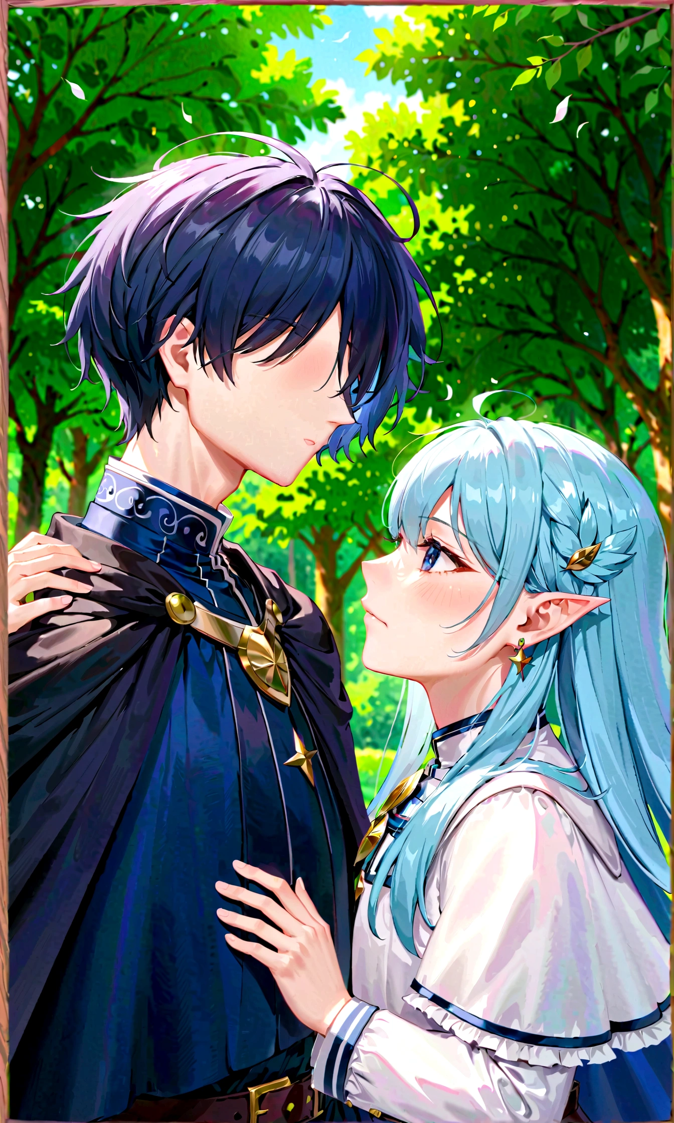 anatomical correct:2, 1boy, 1girl, frieren, himmel \(sousou no frieren\), outdoors, upper body, eye contact, light blue hair, cape, capelet, earrings, dappled sunlight, day, hand on another&#039;s head, kesyeru, sousou no frieren, blingbling