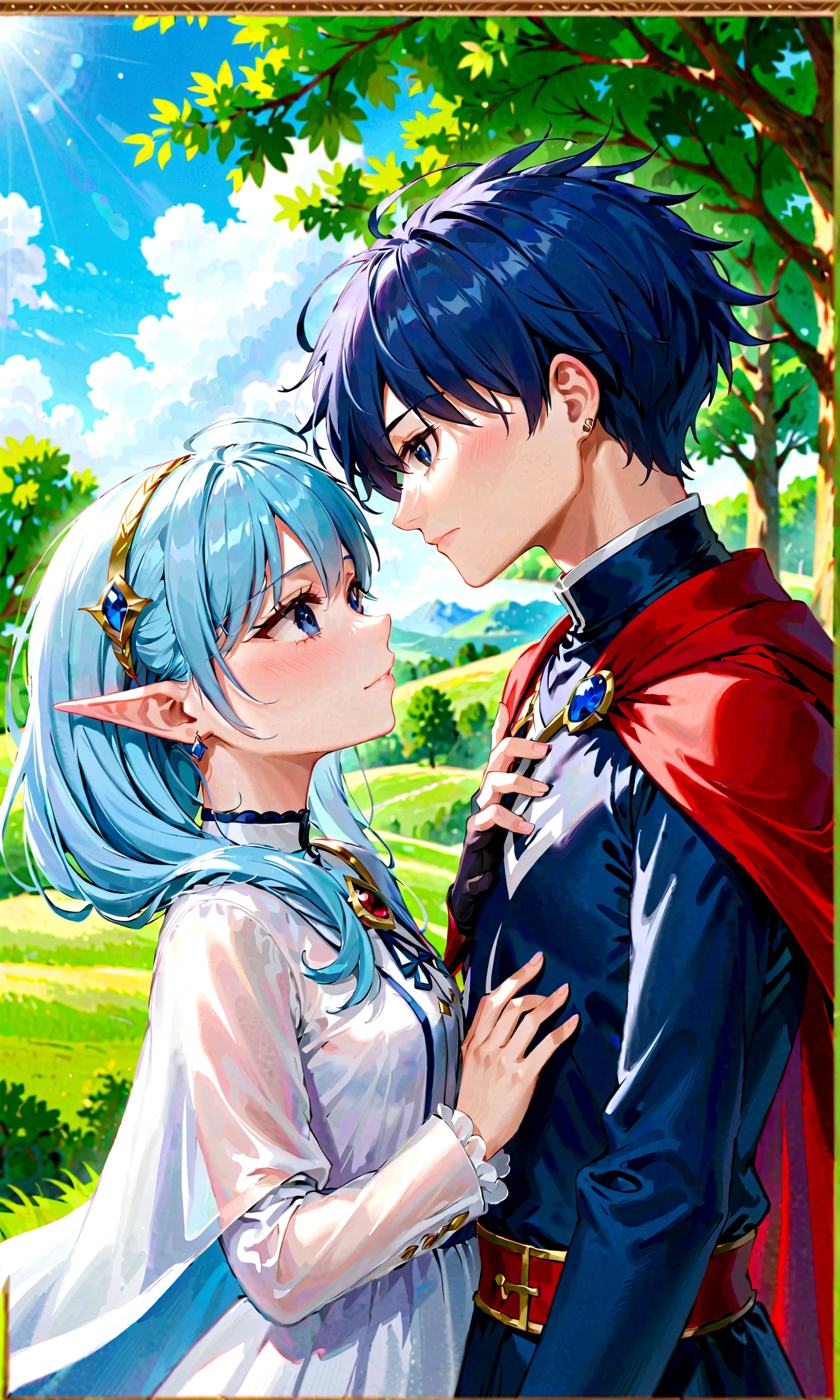 anatomical correct:2, 1boy, 1girl, frieren, himmel \(sousou no frieren\), outdoors, upper body, eye contact, light blue hair, cape, capelet, earrings, dappled sunlight, day, hand on another's head, kesyeru, sousou no frieren, blingbling