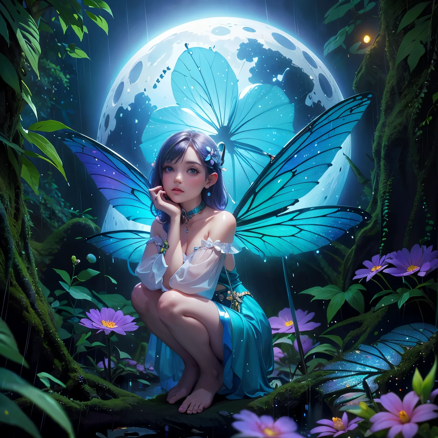 beautiful female mini pixie under a blue moon flower in the rain forest background 8k