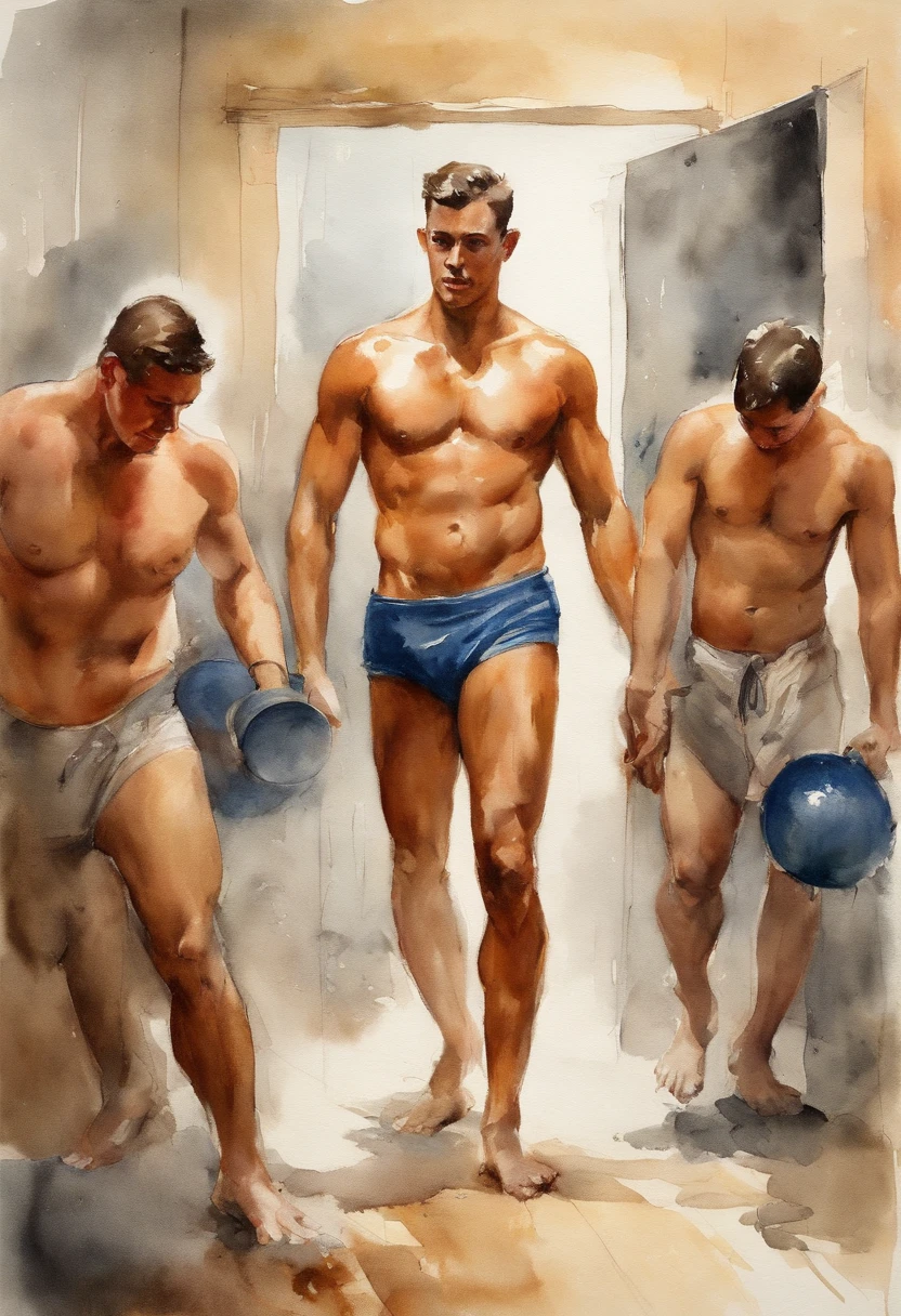 contorno, Estudo da figura masculina de 20 anos, Joven atleta musculoso, standing, corpo robusto completo, completamente nu, totalmente , , Resignation, Au natural, Cubra a virilha com uma toalha branca, apenas traseira, Crowded gym shower with water jets and men showering in the background, Bolos, Por Harry Bush, James Montgomery Flagg e Lois van Baarle e Jim French e RossDrew, Olhos realistas detalhados, large bare feet, large lump in the groin, muito bonito, lindo. Asas de anjo angelical. Aquarela tinta manchada e pingos de tinta