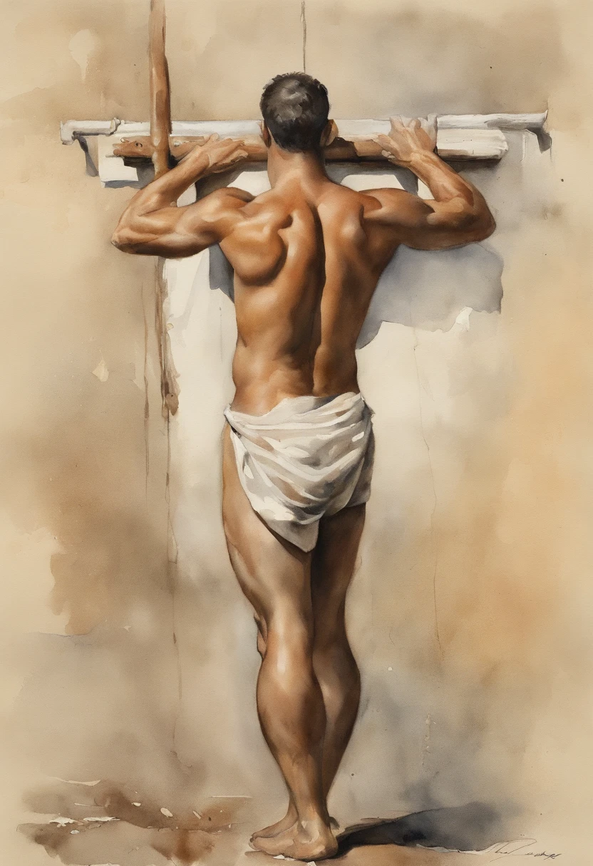 contorno, Estudo da figura masculina de 20 anos, Joven atleta musculoso, standing, corpo robusto completo, completamente nu, totalmente , , Resignation, Au natural, Cubra a virilha com uma toalha branca, apenas traseira, Crowded gym shower with water jets and men showering in the background, Bolos, Por Harry Bush, James Montgomery Flagg e Lois van Baarle e Jim French e RossDrew, Olhos realistas detalhados, large bare feet, large lump in the groin, muito bonito, lindo. Asas de anjo angelical. Aquarela tinta manchada e pingos de tinta