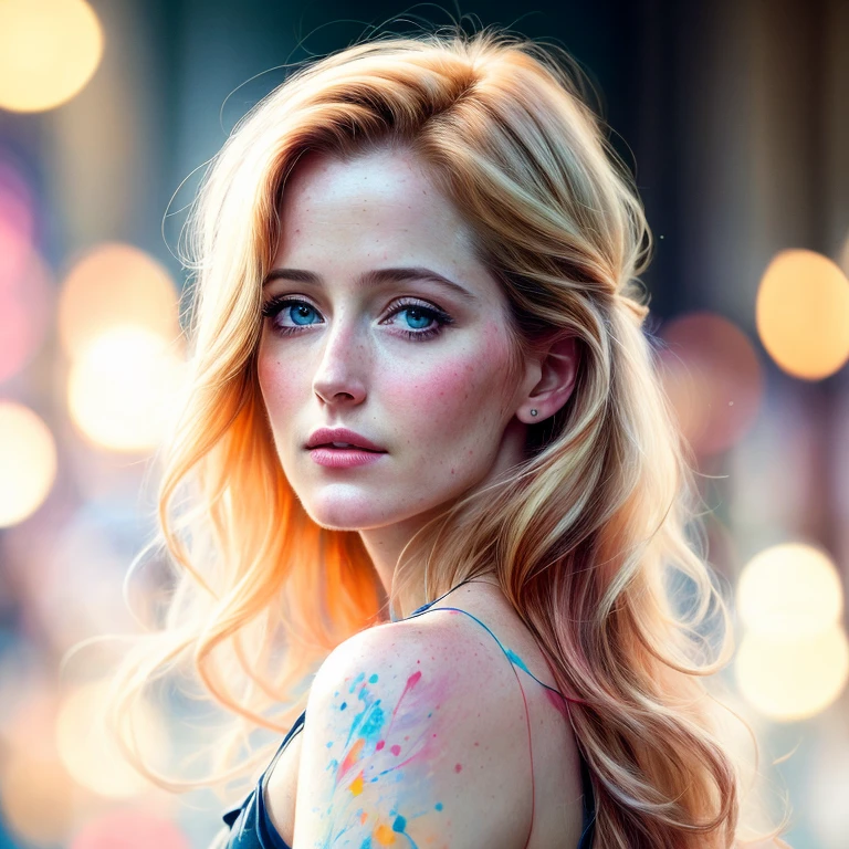(8k, best quality, masterpiece:1.2),(best quality:1.0), (ultra highres:1.0), pencil colors, Gillian Anderson, shoulder, hair ribbons, by agnes cecile, full body photography, extremely luminous bright design, pastel colors, (ink:1.3), autumn lights, 