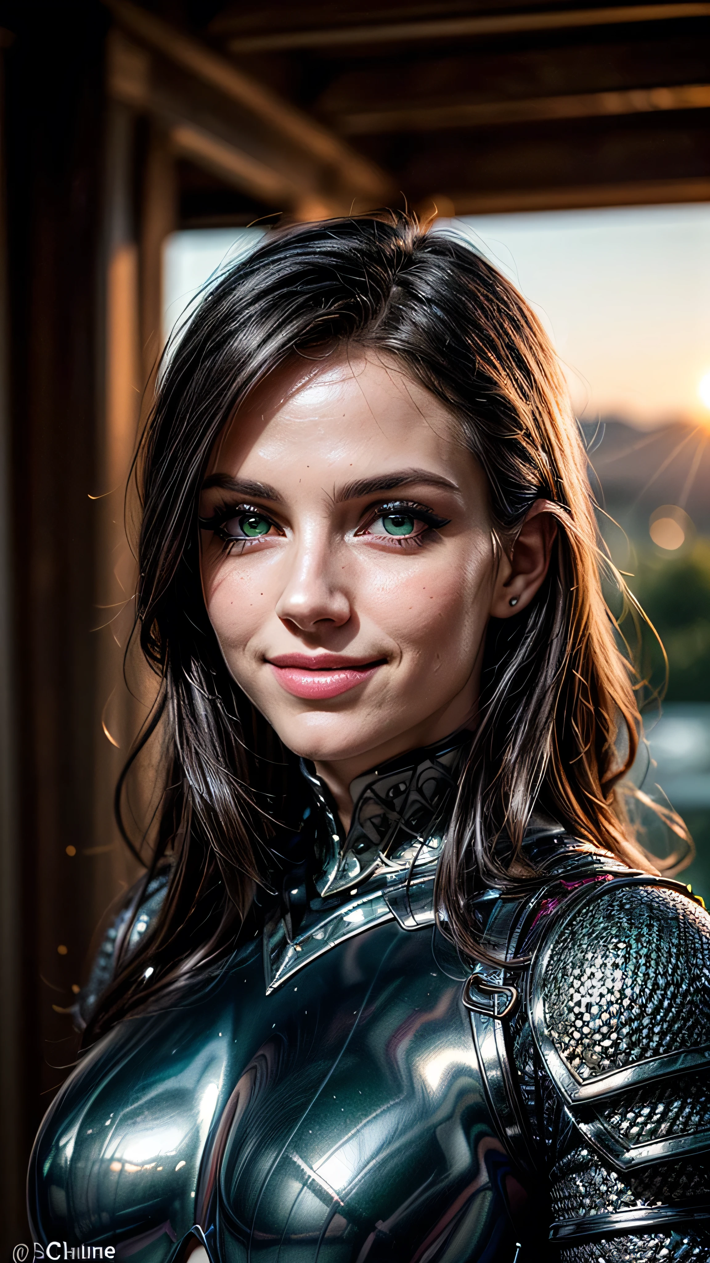 (masterpiece, photorealistic:1.4, extremely intricate:1.3), (photon mapping, radiosity, physically based rendering, ultra resolution, hyper-realistic, photorealistic:1.4, hyper-realistic, 8K), portrait of a muscular girl, ((Sumptuous armor from the late Renaissance, black chrome perfectchainmail armor:0.8, (long eyelashes), clear green eyes, humid, humid, smiling)), metal reflections, upper body, portrait, outdoors, intense sunlight, far away castle, professional photograph of a stunning woman, (long straight black hair, blowing, dynamic pose), sharp focus, dramatic, award winning, cinematic lighting, (film grain, bokeh, interaction, sunrise)
