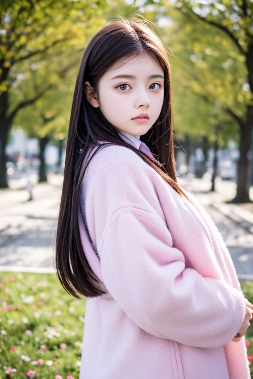 masterpiece，highest quality，Movie stills， High resolution，One girl，Long black hair，Pink Eyes，Long sleeve pink coat，Short sleeve（white），Grey jeans，16 years old
