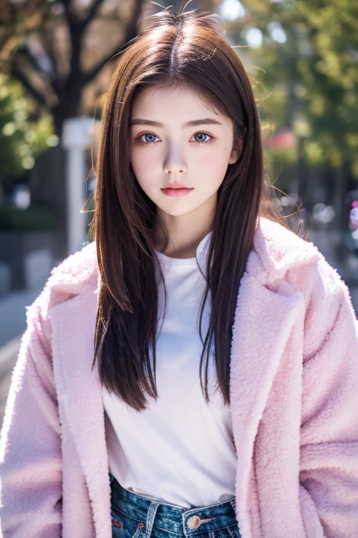 masterpiece，highest quality，Movie stills， High resolution，One girl，Long black hair，Pink Eyes，Long sleeve pink coat，Short sleeve（white），Grey jeans，16 years old