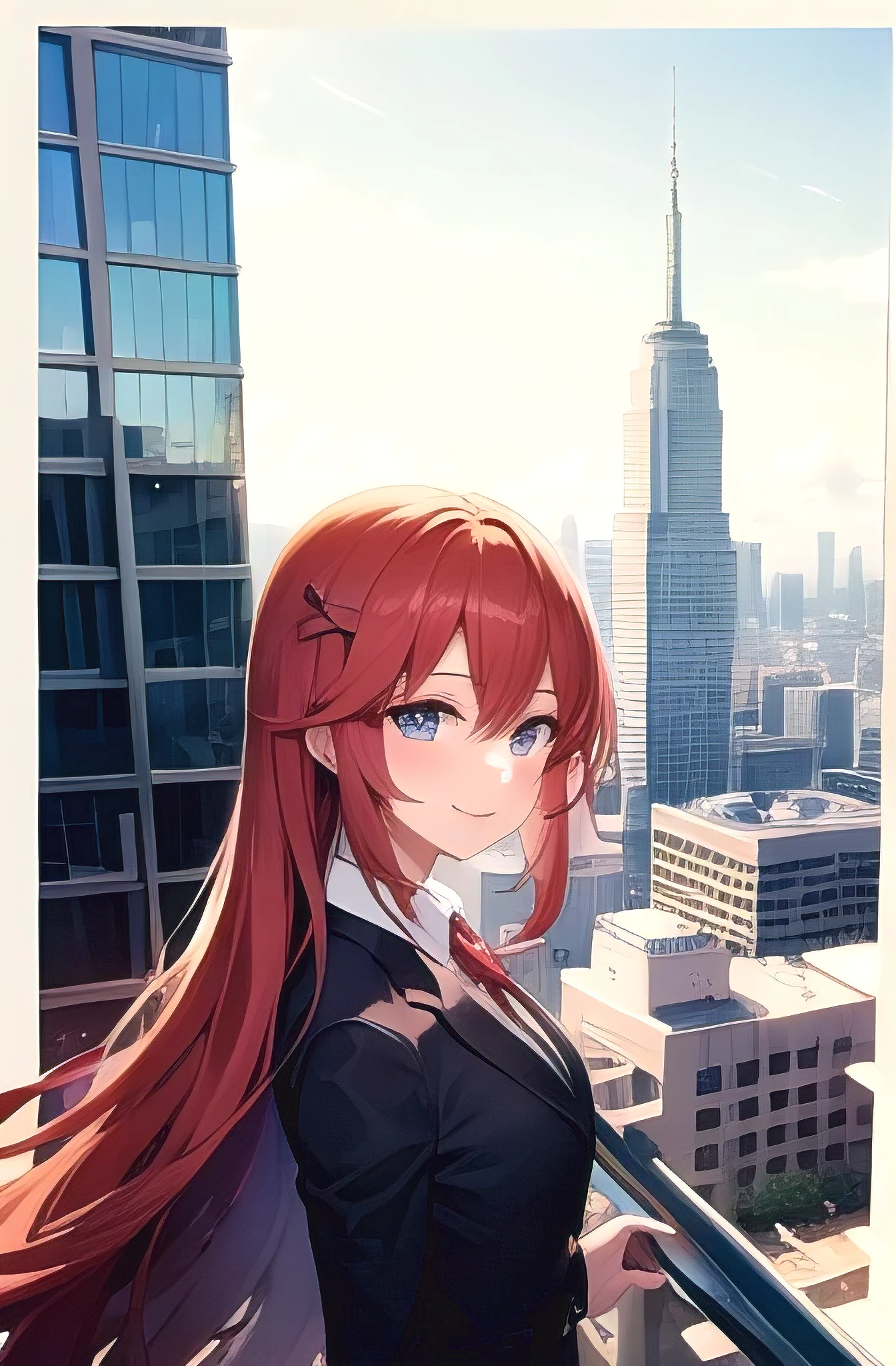 1girl, anime_coloring, blue _eyes, red_hair, long_hair, smile, solo, style_parody, / happy face,spring atmosphere、skyscraper、((roof of the building))、suit figure、Super detailed