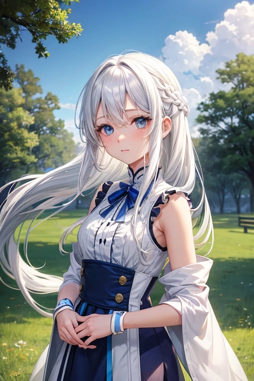 A woman with long white hair and blue eyes stands in the meadow.,Anime image of a cute girl, girl with white hair, The perfect gray-haired girl., พระเจ้าwhite hair, white hair, Plow collection style, Cloud Anime, anime girl, anime art style moe, anime girlที่ดีที่สุด, (anime girl), anime girl, สาวwhite hair,white hairสลวย,หน้าอกsmallลง,Sleeveless、Women's bras,small , (8ก, raw photography, Highest quality, Masterpiece:1.2), (realistically, Virtual image:1.37), Very detailed, 1 woman, single, cute little, Beautifully detailed sky,Elementary school students,(((Anime doesn't use real people.)))