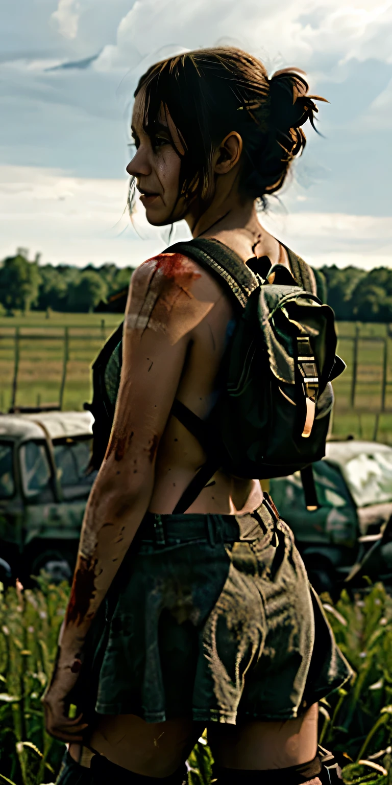 Girl from the zombie apocalypse, beautiful girl, The Girl in the Field, Zombie girl from behind, Girl with a backpack on her back, girl dressed as a survivor, the girl is slightly naked