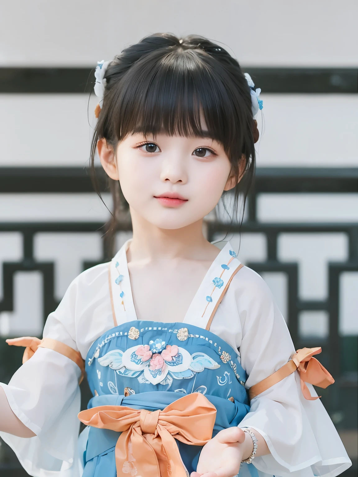 masterpiece, best quality, Girl wearing Hanfu，Facing the camera，Black hair with bangs，9 years old，Wearing traditional Chinese clothing，Chinese Princess，Sweet girl，a girl，Exquisite facial features，