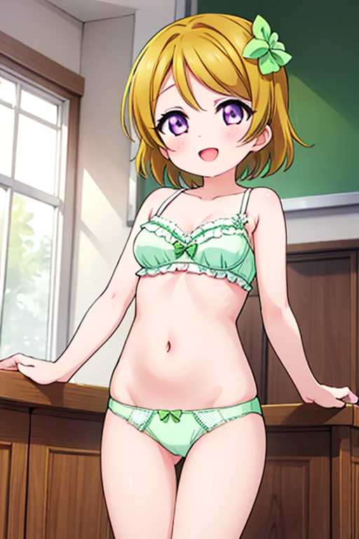 1girl,light green bra,light green panties, koizumi hanayo, solo,short hair, navel,small breasts, hair ornament,looking at viewer,smile, purple eyes,closed mouth,smile,pussy,classroom,shoot from below,underwear only,arms behind back