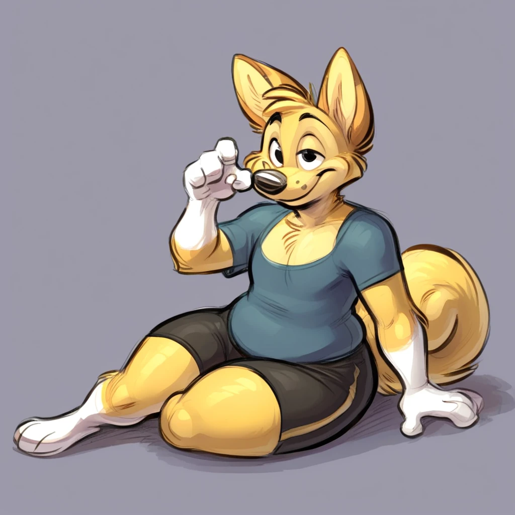 A anthropomorphic fox, wearing black swimming shorts, has a yellow smiley face head, doing a sitting pin up pose, has thick thighs, high quality, crisp,