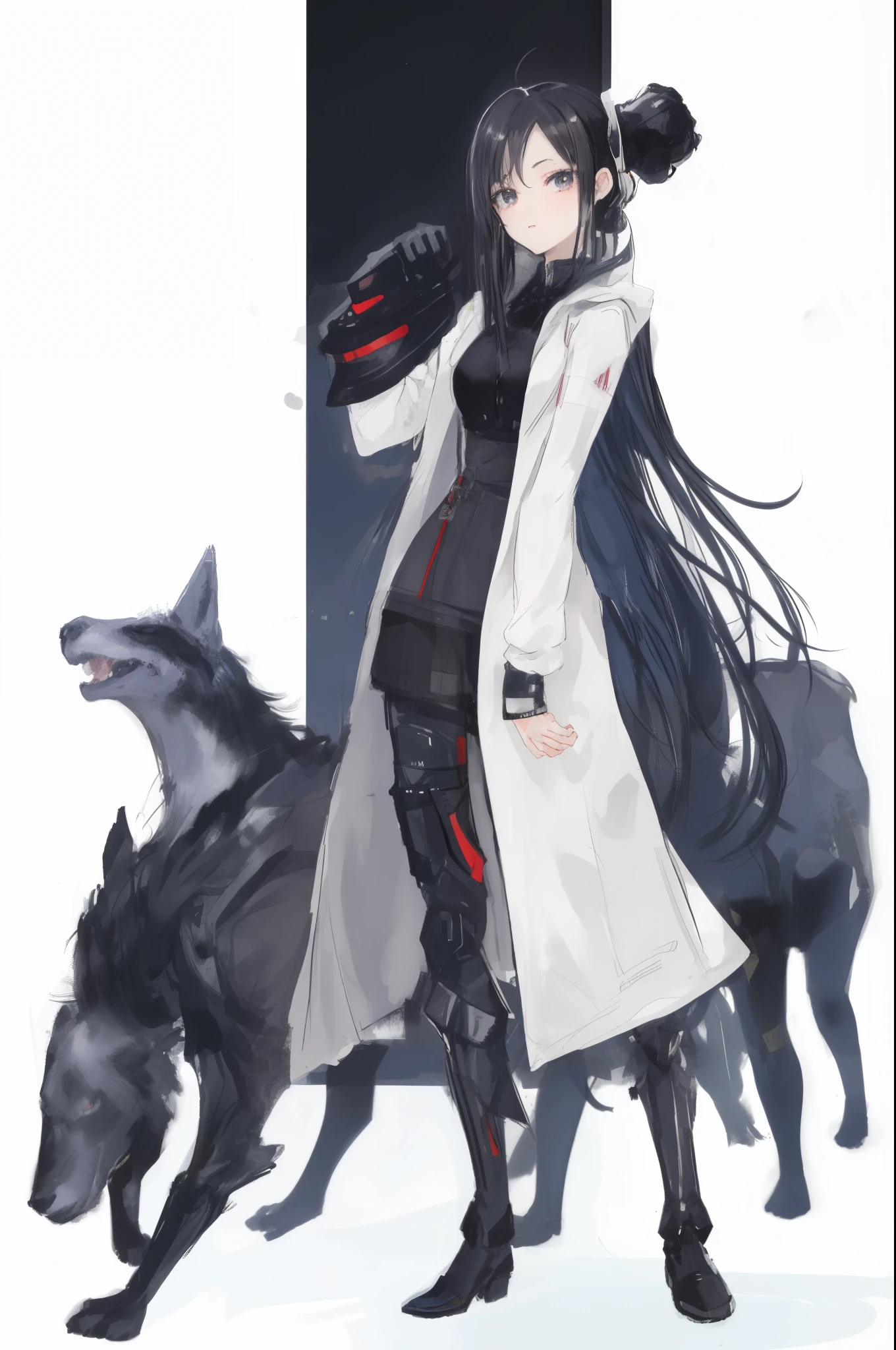(ponytail forehead hair pulled back:1.3) (black hair:1.3), a woman in a white coat and black boots standing next to a dog, from arknights, by Jin Homura, official character art, female anthropomorphic wolf, good boy giant mecha wolf hound, arknights, modern sci-fi anime, sci fi anime, best anime character design, medical mecha canine, sci-fi anime