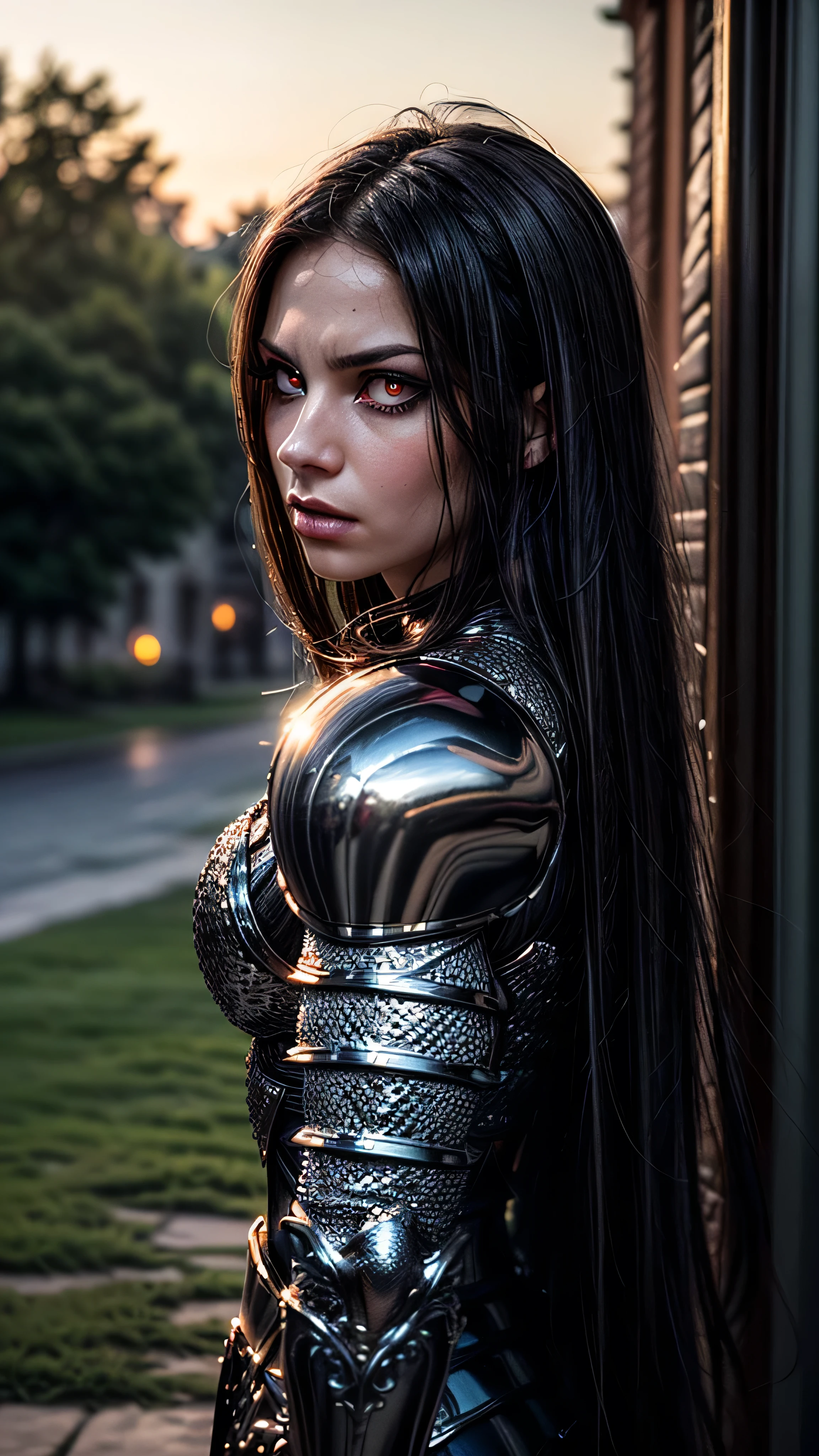 (masterpiece, photorealistic:1.4, extremely intricate:1.3), (photon mapping, radiosity, physically based rendering, ultra resolution, hyper-realistic, photorealistic:1.4, hyper-realistic, 8K), portrait of a muscular girl, ((Sumptuous armor from the late Renaissance, black chrome perfectchainmail armor:0.8, (long eyelashes), glowing red eyes, humid, humid, angry)), metal reflections, upper body, portrait, outdoors, intense sunlight, far away castle, professional photograph of a stunning woman, (long straight black hair, blowing, dynamic pose), sharp focus, dramatic, award winning, cinematic lighting, (film grain, bokeh, interaction, sunrise)