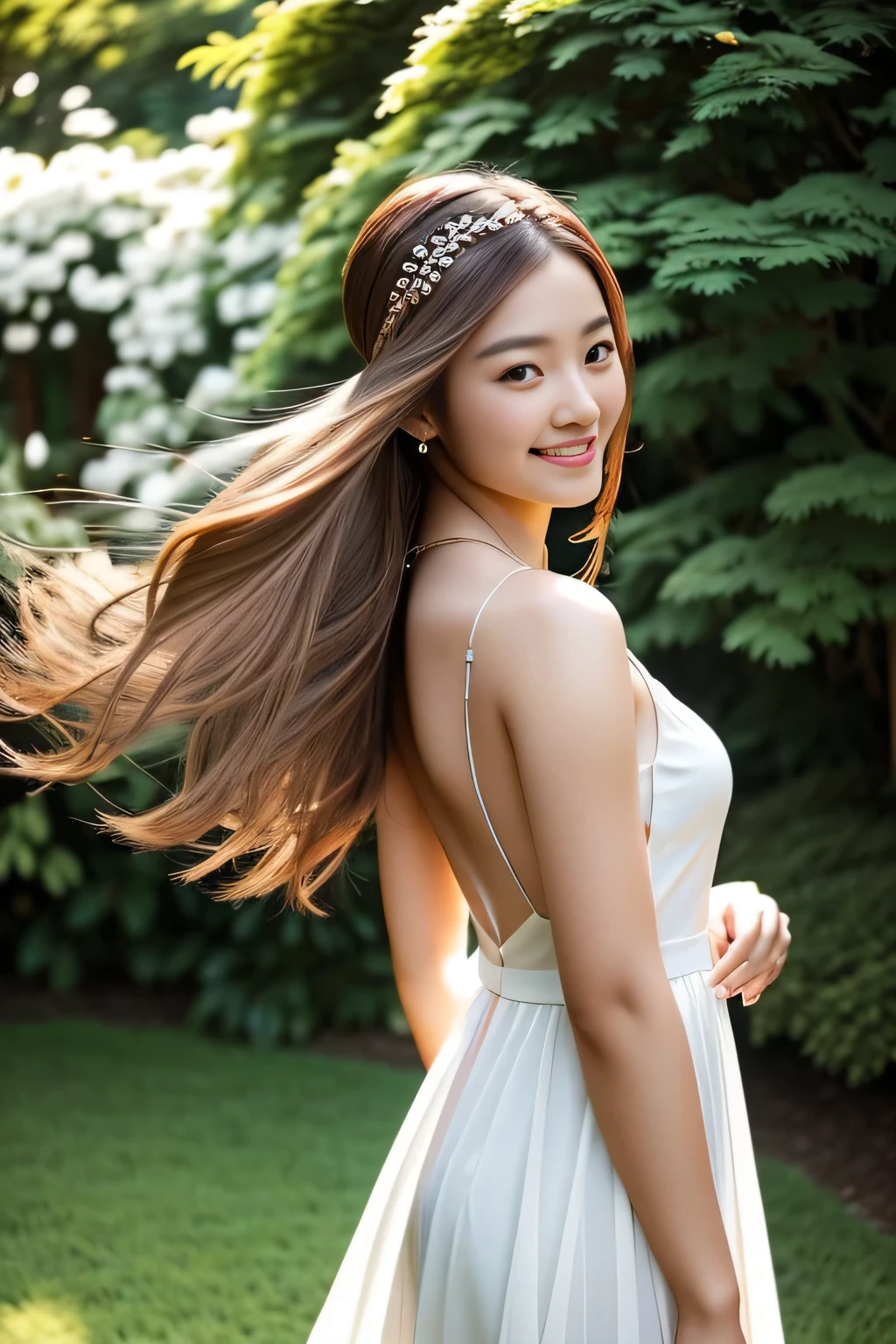 A young Chinese woman, exuding an effervescent smile, finds tranquility in a sun-kissed garden. The gentle breeze dances with her delicate, light-colored attire, gracefully revealing her exquisite figure. The tender moment is captured with precision, showcasing the highest quality of photography, shot with a Nikon and bathed in natural light. The image is enhanced in 4K resolution, offering the highest definition and vivid detail, a true masterpiece that embodies the cinematic and dramatic essence of the moment. The young woman's long, chestnut-hued hair, adorned with a delicate headband, flutters playfully, adding to the elegance and