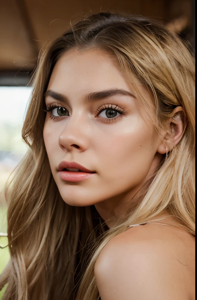 Create a realistic woman, 22 years old, Canadian. with long blonde hair. intimidating eyes. full lips. small nose. highlighted cheekbone. mejía not so highlighted. Very prominent jaw. make it look real. Cara alargada