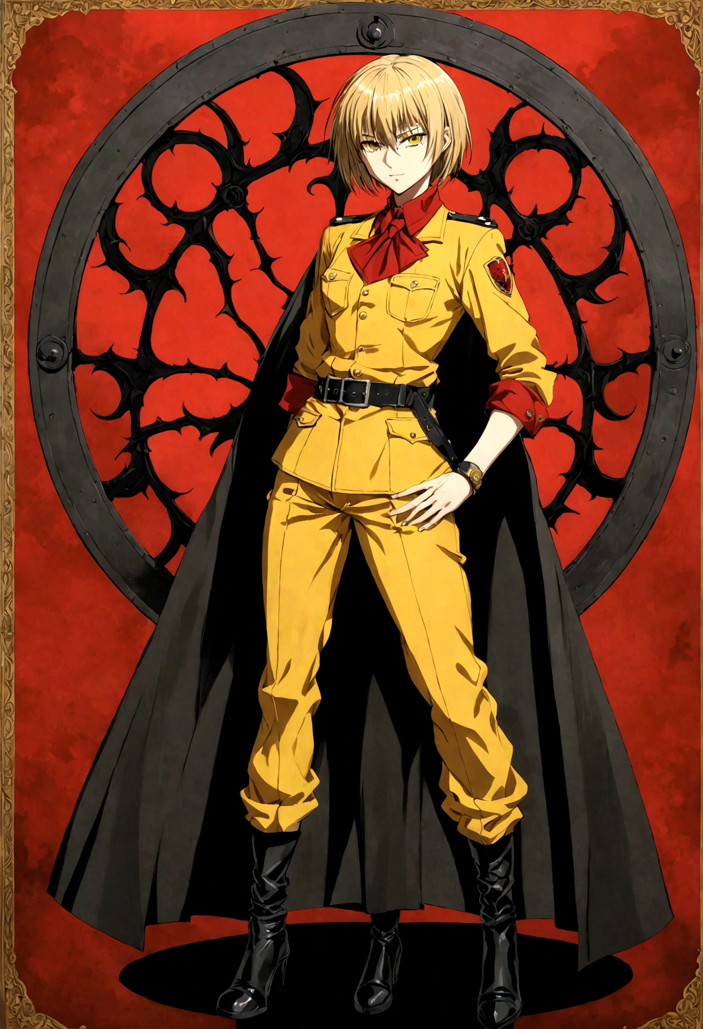 (masterpiece, top quality, best quality, official art, beautiful and aesthetic:1.2), (1girl), extreme detailed,(Victoria Seras, blond short hair, short back twintails, yellow eyes, Hellsing anime, Vampire, Hellsing uniform, yellow military uniform, jumpsuit, skirt, wide Rolled up sleeves, Chevron, black belt),colorful,highest detailed,((full body)) 
