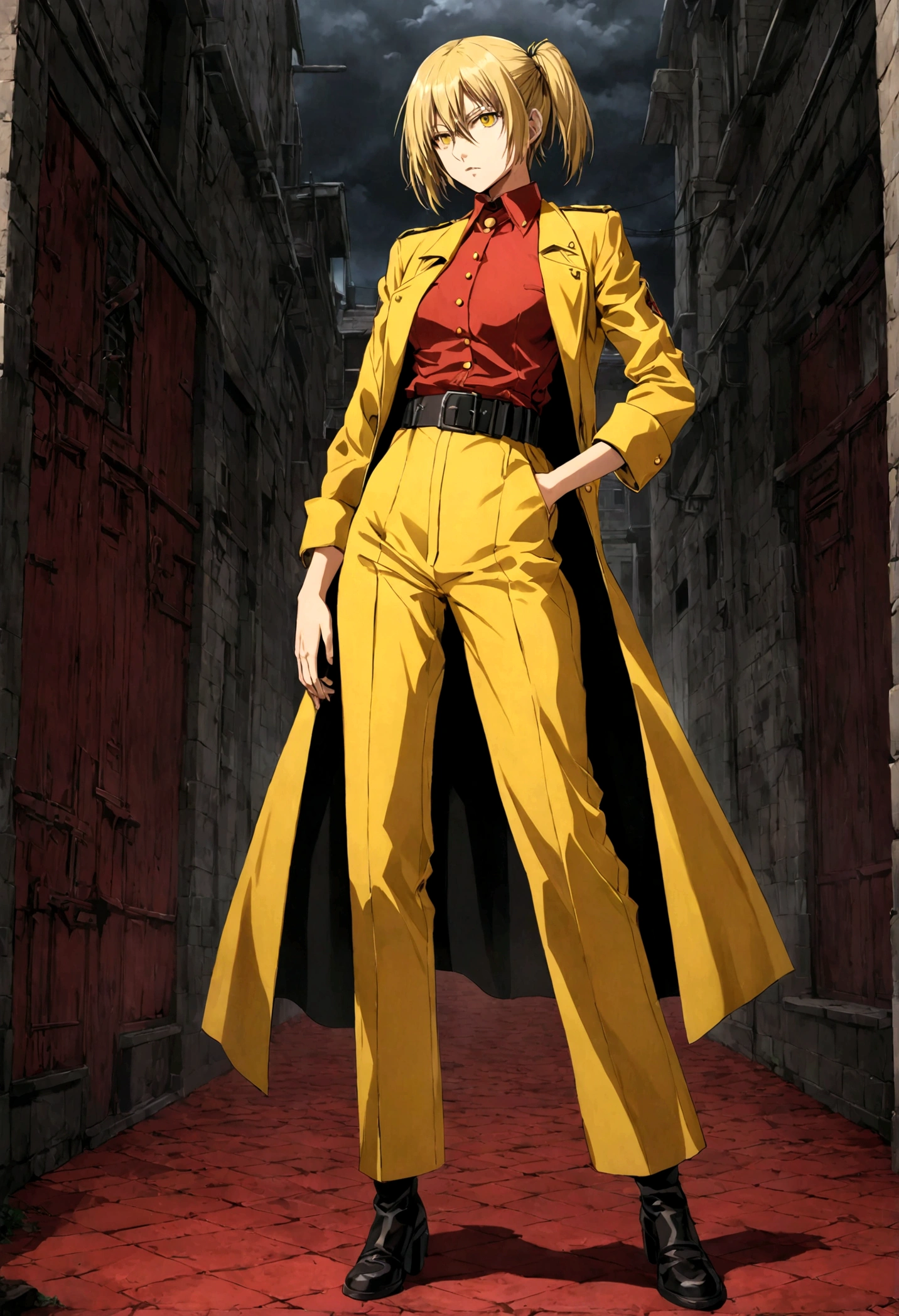 (masterpiece, top quality, best quality, official art, beautiful and aesthetic:1.2), (1girl), extreme detailed,(Victoria Seras, blond short hair, short back twintails, yellow eyes, Hellsing anime, Vampire, Hellsing uniform, yellow military uniform, jumpsuit, skirt, wide Rolled up sleeves, Chevron, black belt),colorful,highest detailed,((full body))