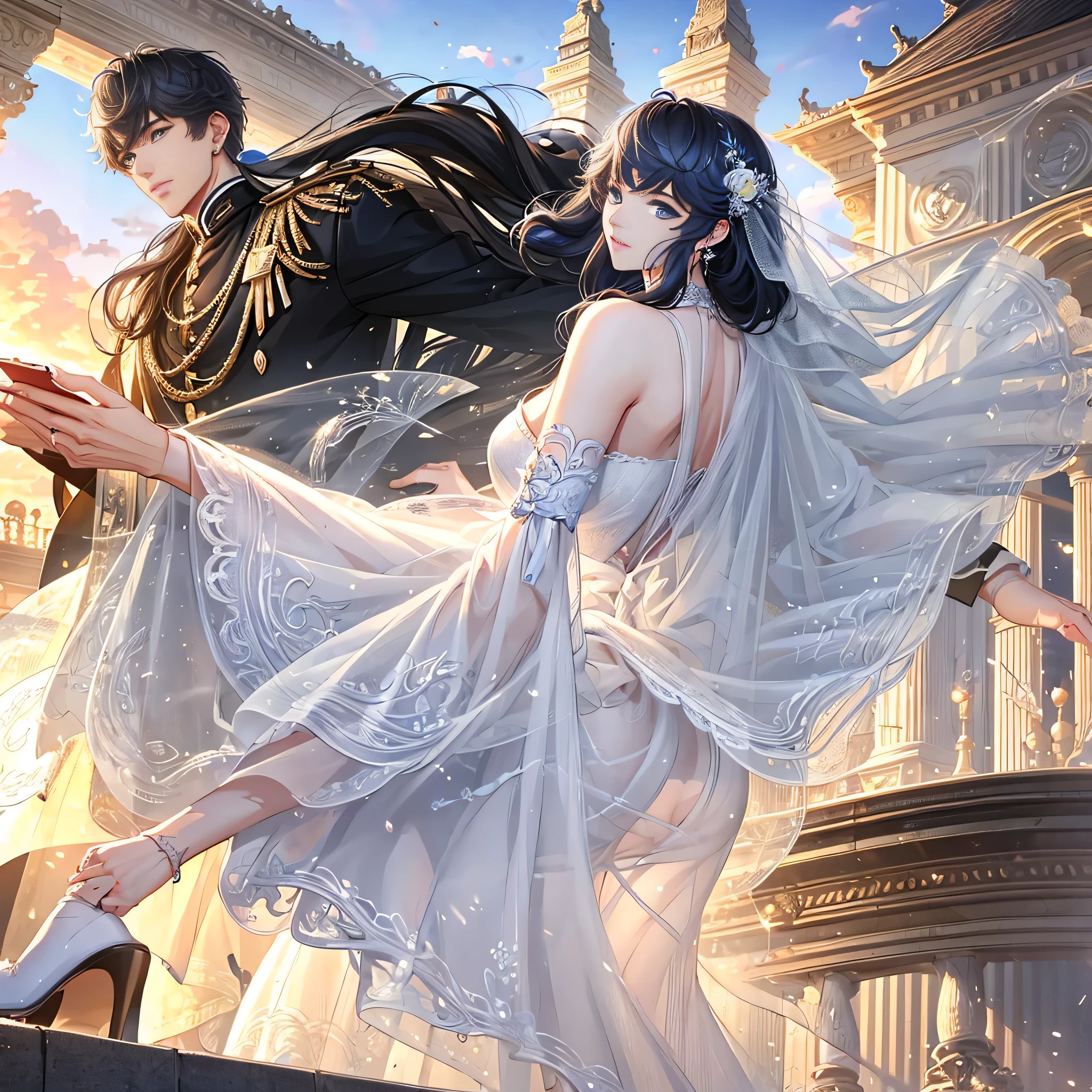 The girl with long curly hair in a wedding dress put her phone aside,Standing on the outer edge of the building rooftop facing the wind,A man with short black hair is holding back,Outside the scene,Bright blue sky,Handsome man, Elegant digital art, Game CG, Popular on cgstation, Junyi, Smooth anime CG art, Cool anime poses,
