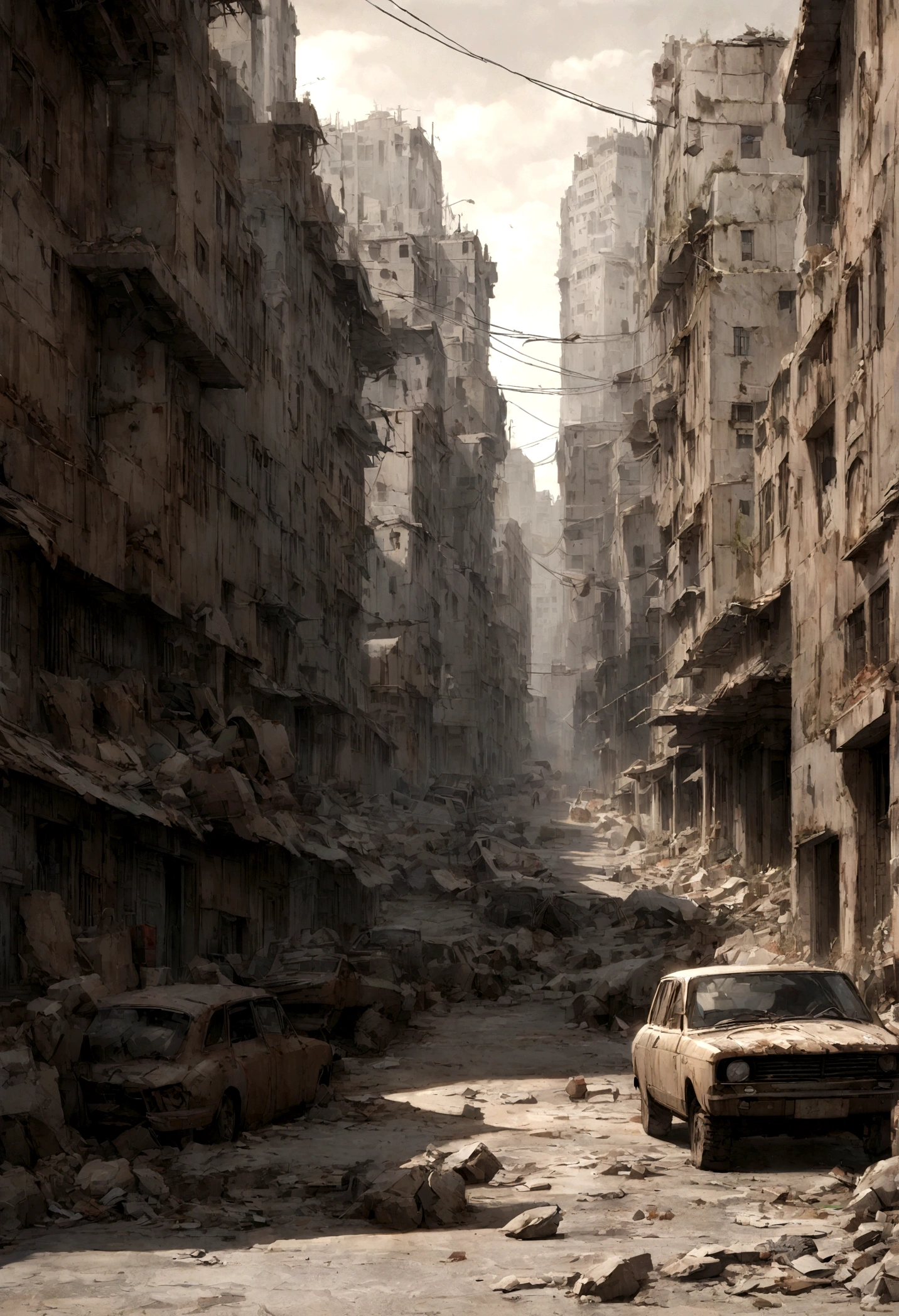 arafed city street with cars and debris in the middle of it, destroyed city, destroyed city in the background, dark abandoned city streets, apocalyptic city backround, post - apocalyptic city streets, apocalyptic city, post apocalyptic street, in a post apocalyptic city, post - apocalyptic city, post apocalyptic city, apocalyptik city, background is a city in ruins,Realistic style