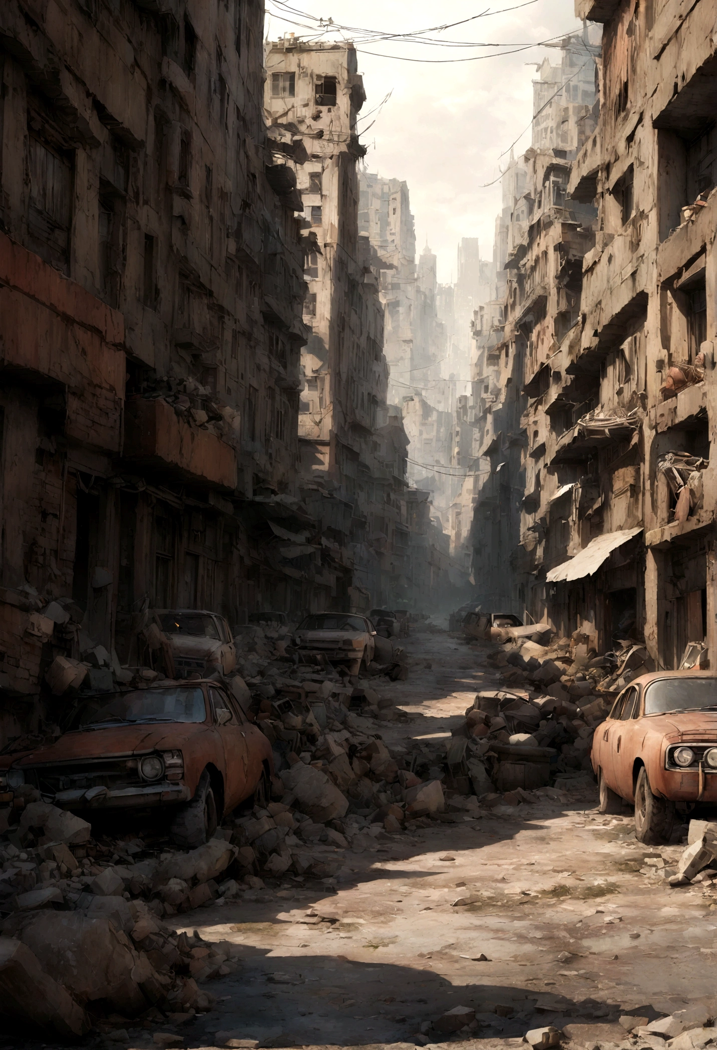 arafed city street with cars and debris in the middle of it, destroyed city, destroyed city in the background, dark abandoned city streets, apocalyptic city backround, post - apocalyptic city streets, apocalyptic city, post apocalyptic street, in a post apocalyptic city, post - apocalyptic city, post apocalyptic city, apocalyptik city, background is a city in ruins,Realistic style