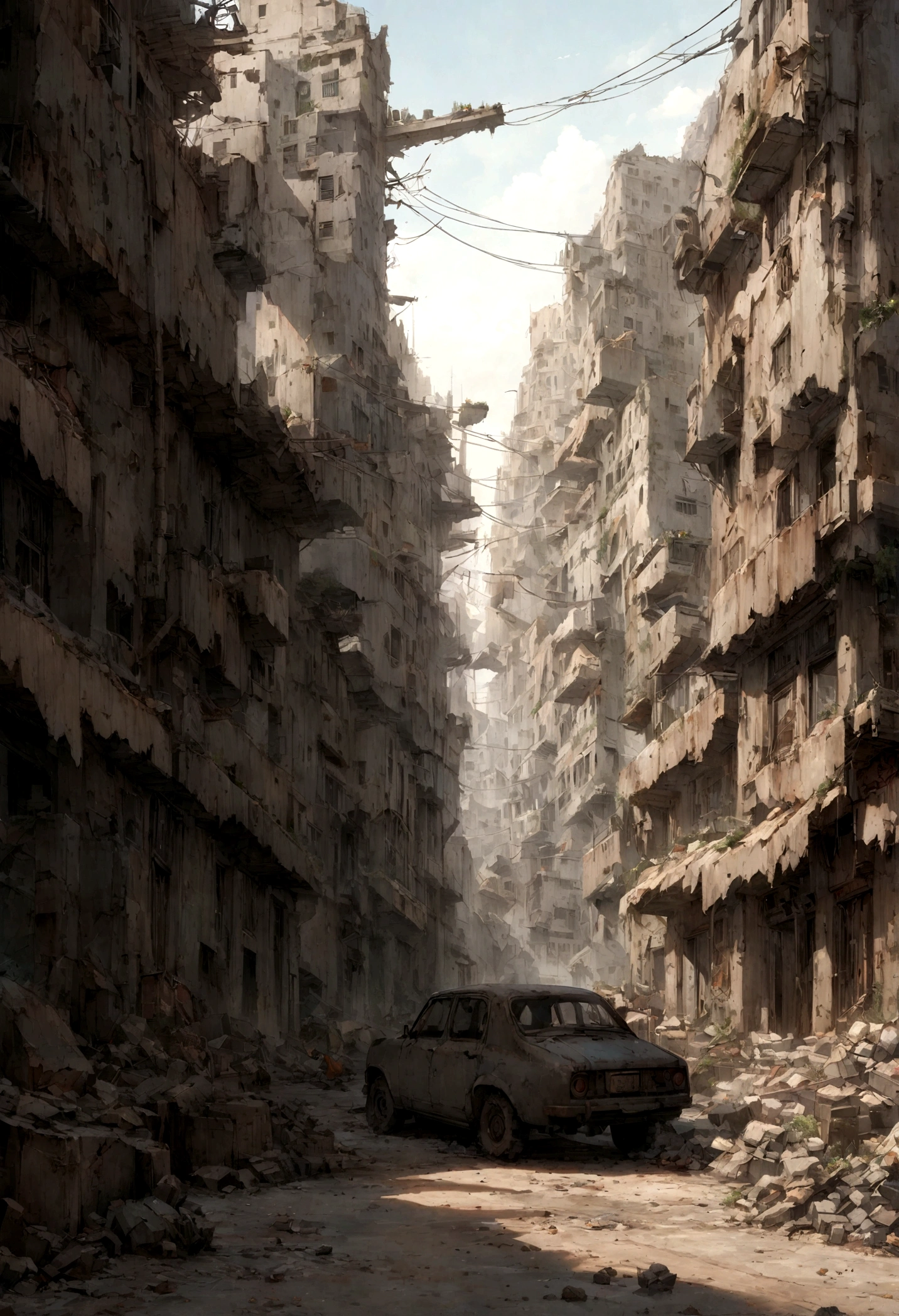 arafed city street with cars and debris in the middle of it, destroyed city, destroyed city in the background, dark abandoned city streets, apocalyptic city backround, post - apocalyptic city streets, apocalyptic city, post apocalyptic street, in a post apocalyptic city, post - apocalyptic city, post apocalyptic city, apocalyptik city, background is a city in ruins,Realistic style