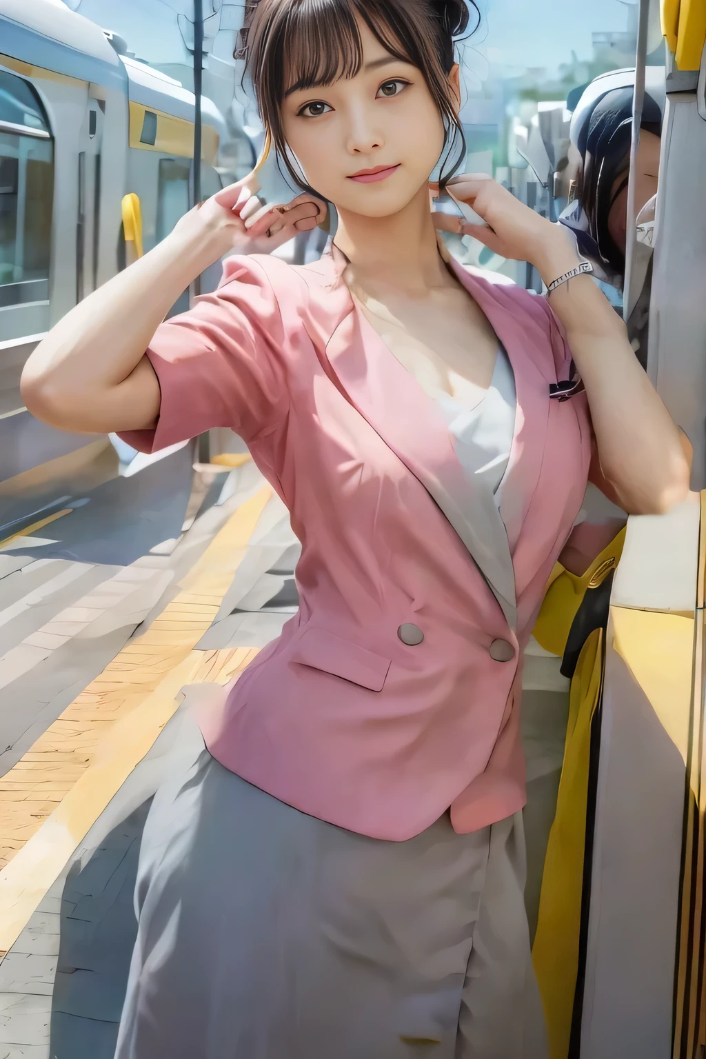 (masterpiece:1.2, Highest quality:1.2), 32k HDR, High resolution, (alone、1 girl)、(On the rooftop of a building in the daytime、Professional Lighting)、Building rooftop background、(Nankai train crew uniform pinkを着たリアルスタイル)、(Nankai train crew uniform pink short sleeve collarless pink jacket、Nankai Train Crew Uniform Pink Collarless Short Sleeve Blouse、Nankai Train Crew Uniform Pink Grey Knee-length Culottes)、((The bottom of the pink short-sleeved jacket cannot be tucked into the clay-colored culottes.))、Dark brown hair、(Hair tied up、Hair Bun、Hair Bun)、Dark brown hair、Long Shot、Big Breasts、Thin legs、((Great hands:2.0)),((Harmonious body proportions:1.5)),((Normal limbs:2.0)),((Normal finger:2.0)),((Delicate eyes:2.0)),((Normal eyes:2.0)))、(Nankai Train Crew Uniform Pink Grey Knee-length Culottesを見せた美しい立ち姿)、smile