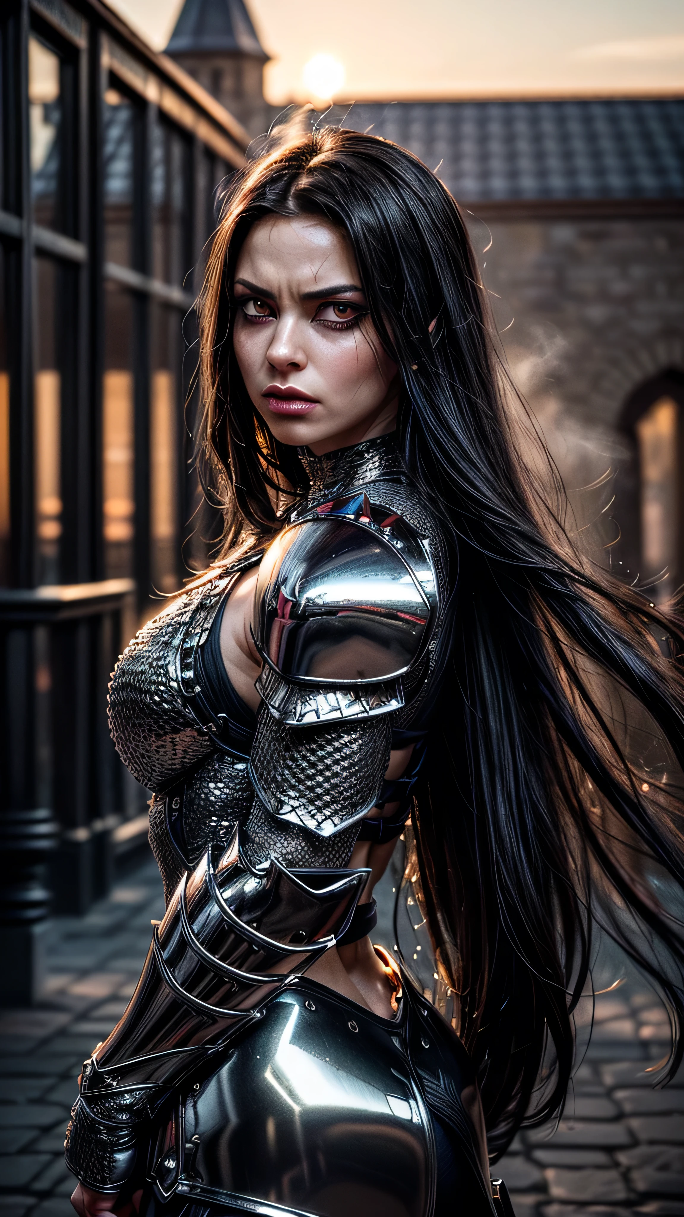 (masterpiece, photorealistic:1.4, extremely intricate:1.3), (photon mapping, radiosity, physically based rendering, ultra resolution, hyper-realistic, photorealistic:1.4, hyper-realistic, 8K), portrait of a muscular girl, ((Sumptuous armor from the late Renaissance, black chrome perfectchainmail armor:0.8, (long eyelashes), glowing red demon eyes, humid, humid, angry)), metal reflections, upper body, portrait, outdoors, intense sunlight, far away castle, professional photograph of a stunning woman, (long straight black hair, blowing, dynamic pose), sharp focus, dramatic, award winning, cinematic lighting, (film grain, bokeh, interaction, sunrise)