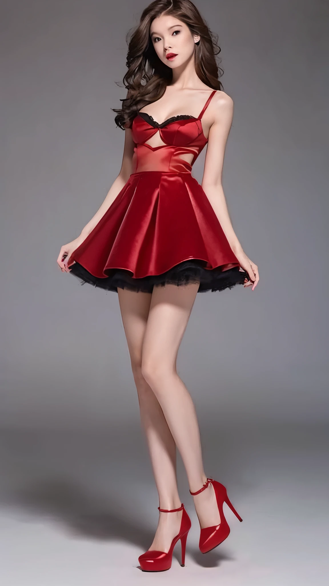 Red Micro Mini Skirt Bodycon、Red High Heels、Thin thighs、stockings、lingerie、Light clothing、Are thin、Slim beautiful legs、Small face、Medium-long brown hair
