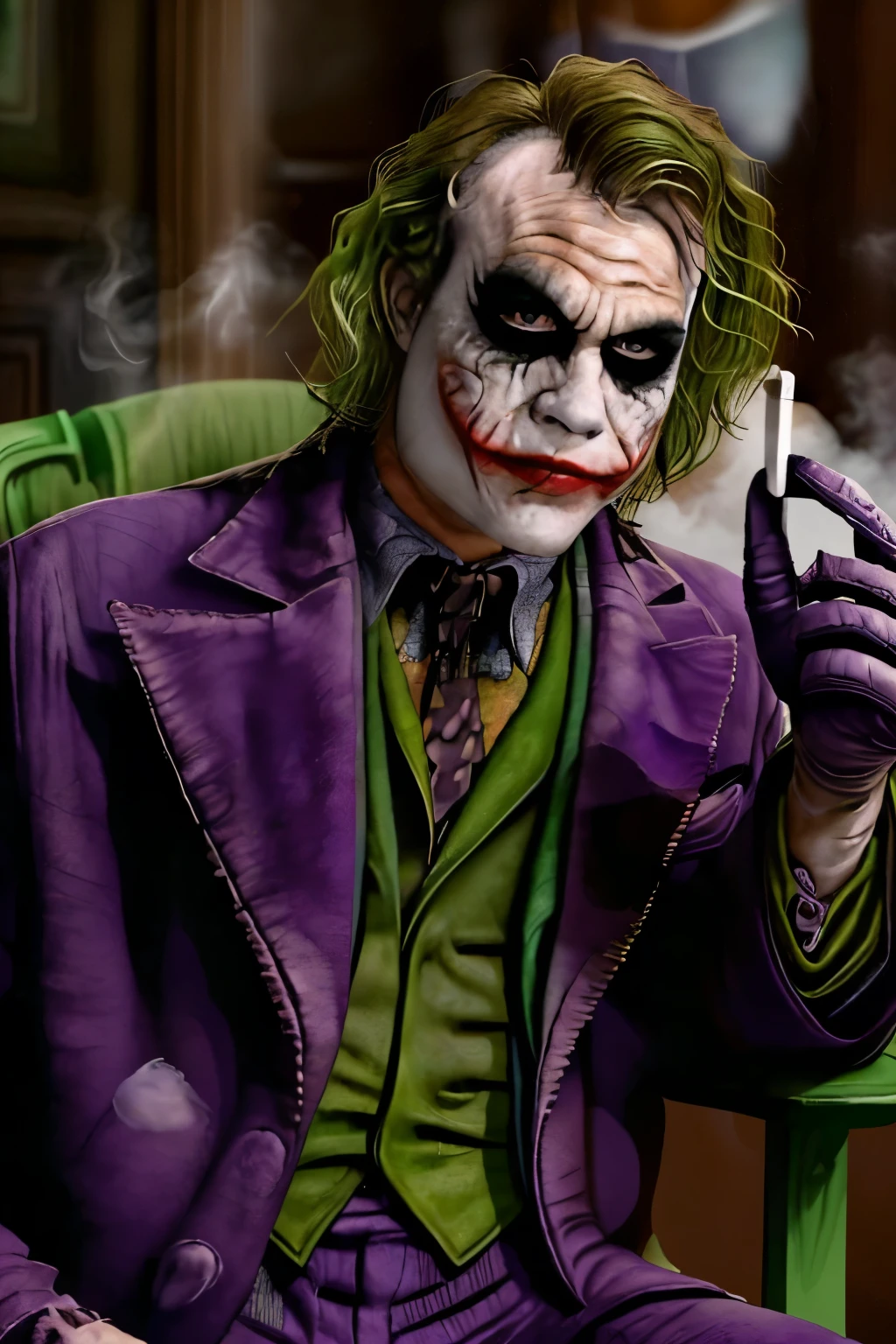 "Full-length image of the Joker, in a purple jacket and green shirt sits on a chair with his head thrown back , smokes a cigarette and releases a cloud of smoke upward. Main role - Heath Ledger, with a slight smile and a calm expression on his face." Palette : purple jacket , green shirt , green hair, natural complexion . Comic art drawing style, VR glasses on the eyes 