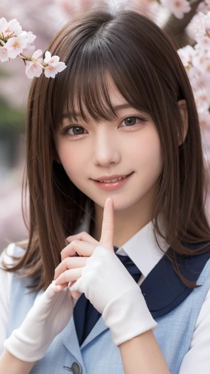 one girl, (a beauty girl, delicate girl:1.3), (:1.3),
break, (spring, Cute Uniform:1.3),
break, (Street view:1.3), (Cherry blossoms fall:1.3), (ウールのgloves), perfectly trimmed fingers,
break, Extremely fine resolution, (Symmetrical eyes:1.3),
break, Small breasts, Brown eyes, Parted bangs, Brown Hair, girl,
break, (Eye and facial details:1.0), (Get closer to the face, Make your face bigger, Face Focus:1.0),Face close-up,
break, (masterpiece, highest quality, Very detailed, Detailed face, 8k),SakuraFubuki,Cherry blossom petals,smile,Random Pause、blue eyes、白いgloves,ponytail、SakuraFubuki、gloves、break,Dynamic pose,smile、Make a sideways peace sign in front of your face、Beautiful Hands、The right move