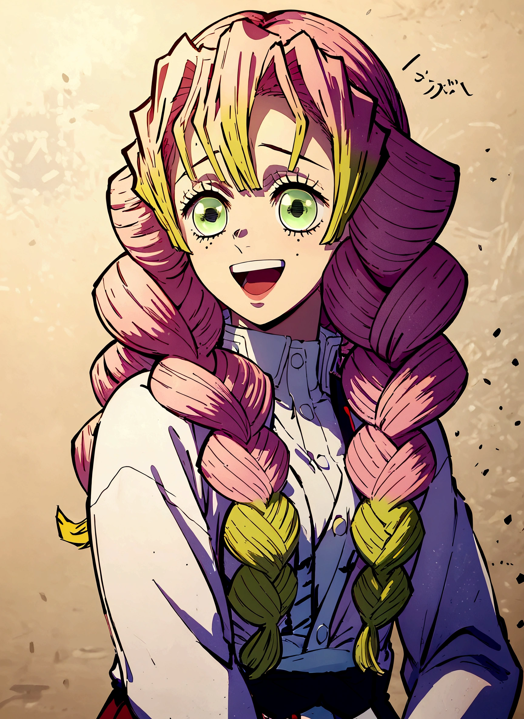 Anime girl with pink hair, green eyes and pink braids, jojoAnime style, high quality Color drawing, Demon Slayer Rui Fan Art, Colored Manga art, Colored Manga, Color line drawing, anime style portrait, Colored Manga扫描, Anime style, Full color, Full color, Color drawing, Kitagawa Marin Fan Art, Abigail in Stardew Valley, Anime style插图