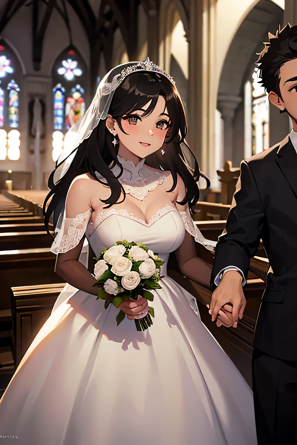 Hermosa milf cabello oscuro ojos rojos, sonriendo en la iglesia mientras celebran su boda junto a su esposo.