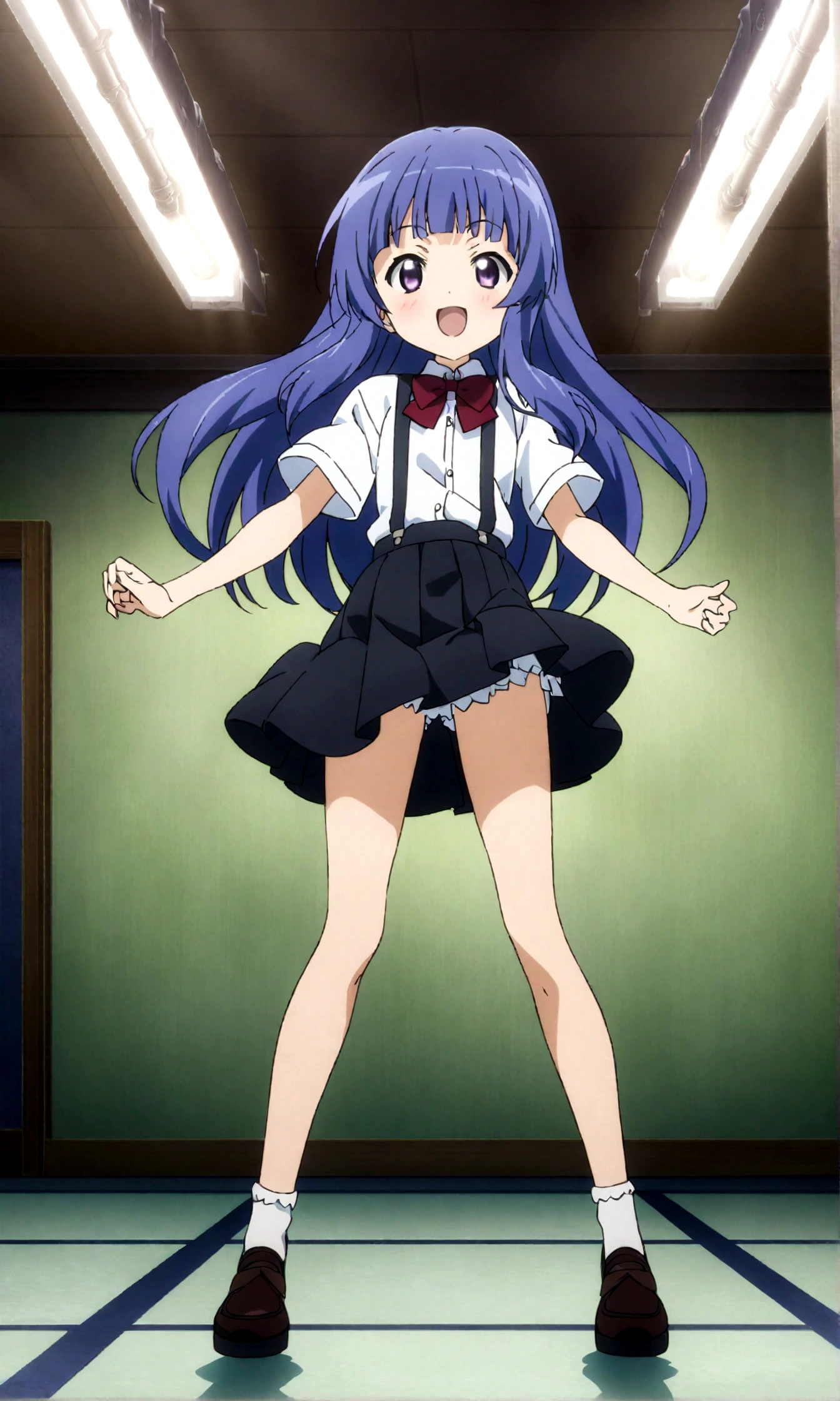 score_9,score_8, score_8_up, BREAK 1girl, solo, furude rika, (tween), kawaii, blue hair, purple eyes, long hair, blunt bangs, bangs,, bow, skirt, shirt, suspenders, smile, short sleeves, pleated skirt, white shirt, open mouth, :d, red bow, facing viewer,^_^,,suspender skirt, black skirt, collared shirt, blush, bowtie, blunt bangs, dress shirt,masterpiece, best quality, source_anime,ceiling, ceiling light, great lighting, detailed shadows, detailed body, anime artwork,anime style, key visual, vibrant, studio anime, highly detailed, anime coloring,,stance,(fullbody),,,